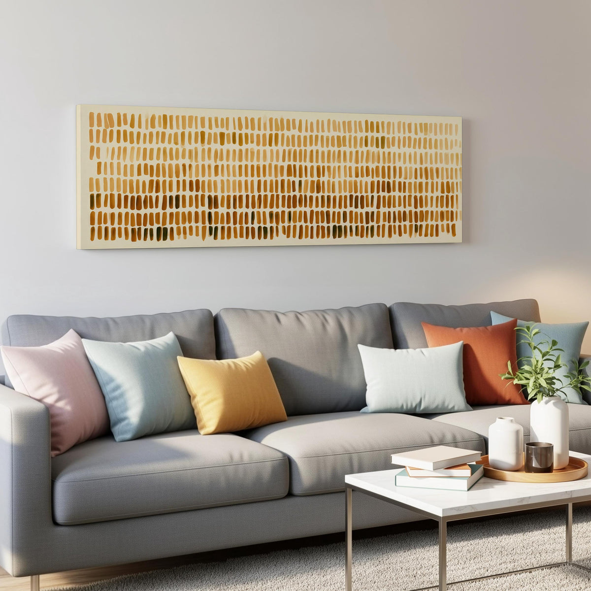 Brushmarks fading from cream to amber panoramic canvas print above a grey sofa in a living room