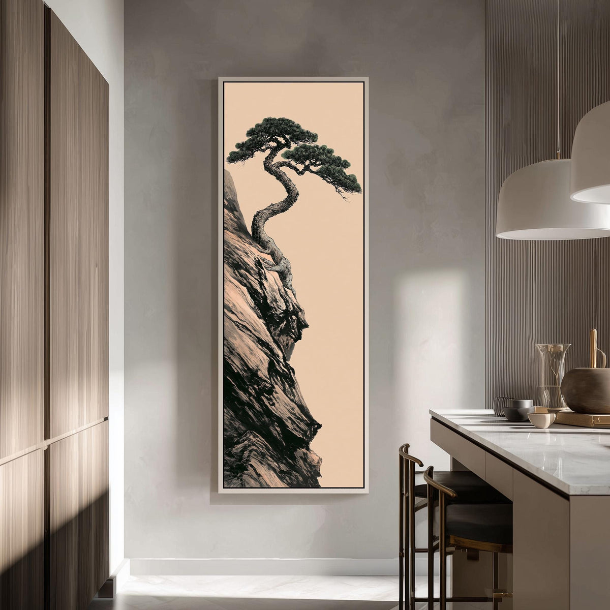 Pine tree growing from a cliff on blush tall skinny canvas print in a modern kitchen