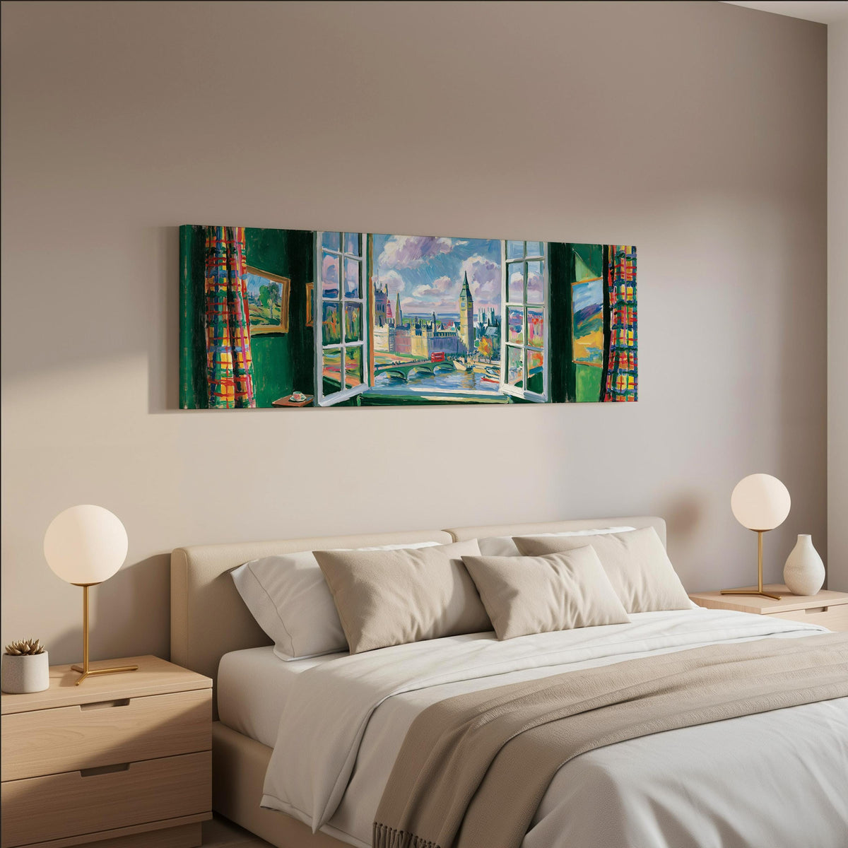 London and Big Ben through a green room window wide panoramic canvas print above a bed in a neutral bedroom