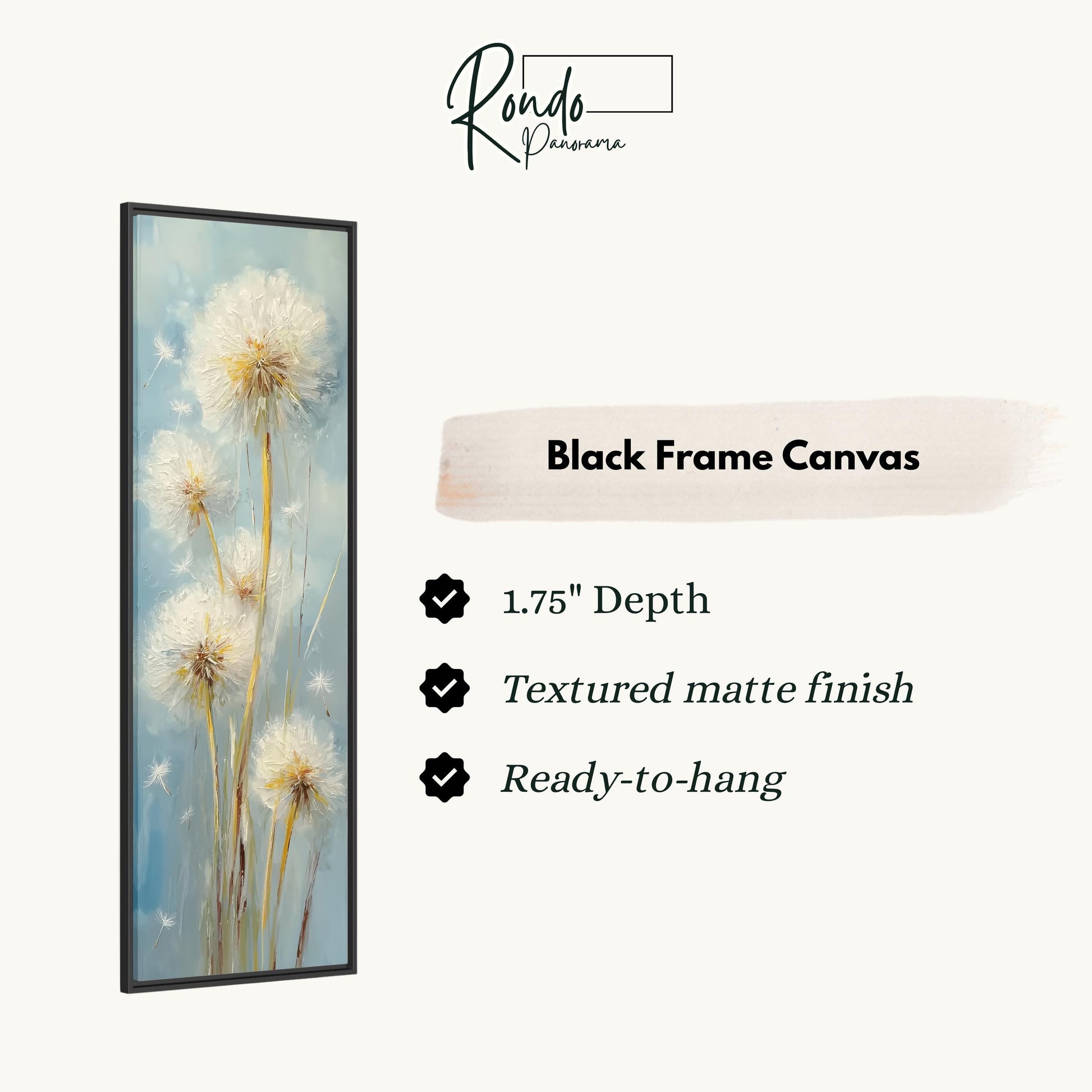 The image is a black frame canvas featuring a painting of dandelions.