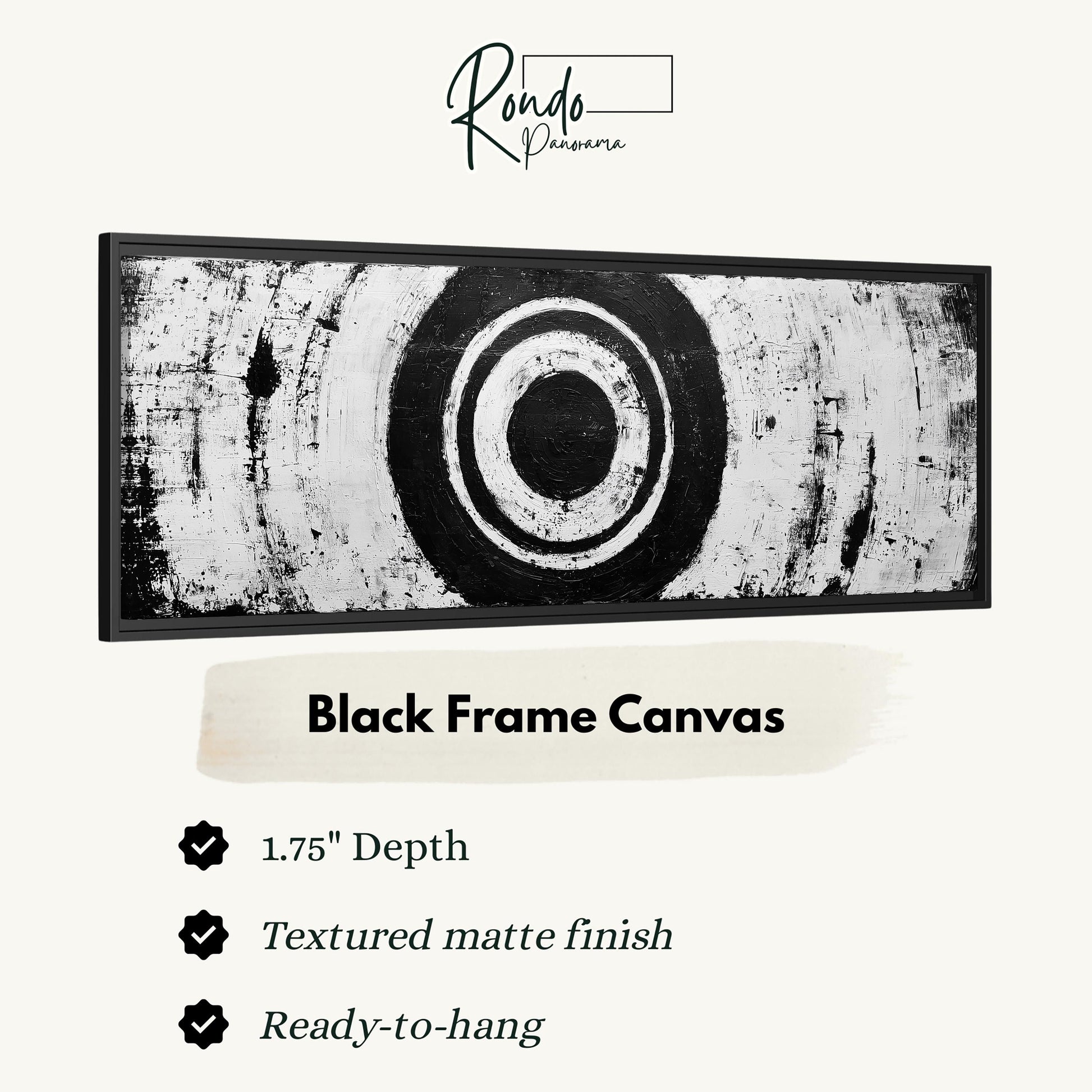 The image is a black and white abstract artwork with a textured matte finish, measuring 1.75" in depth. It is ready to hang and has a textured matte finish.