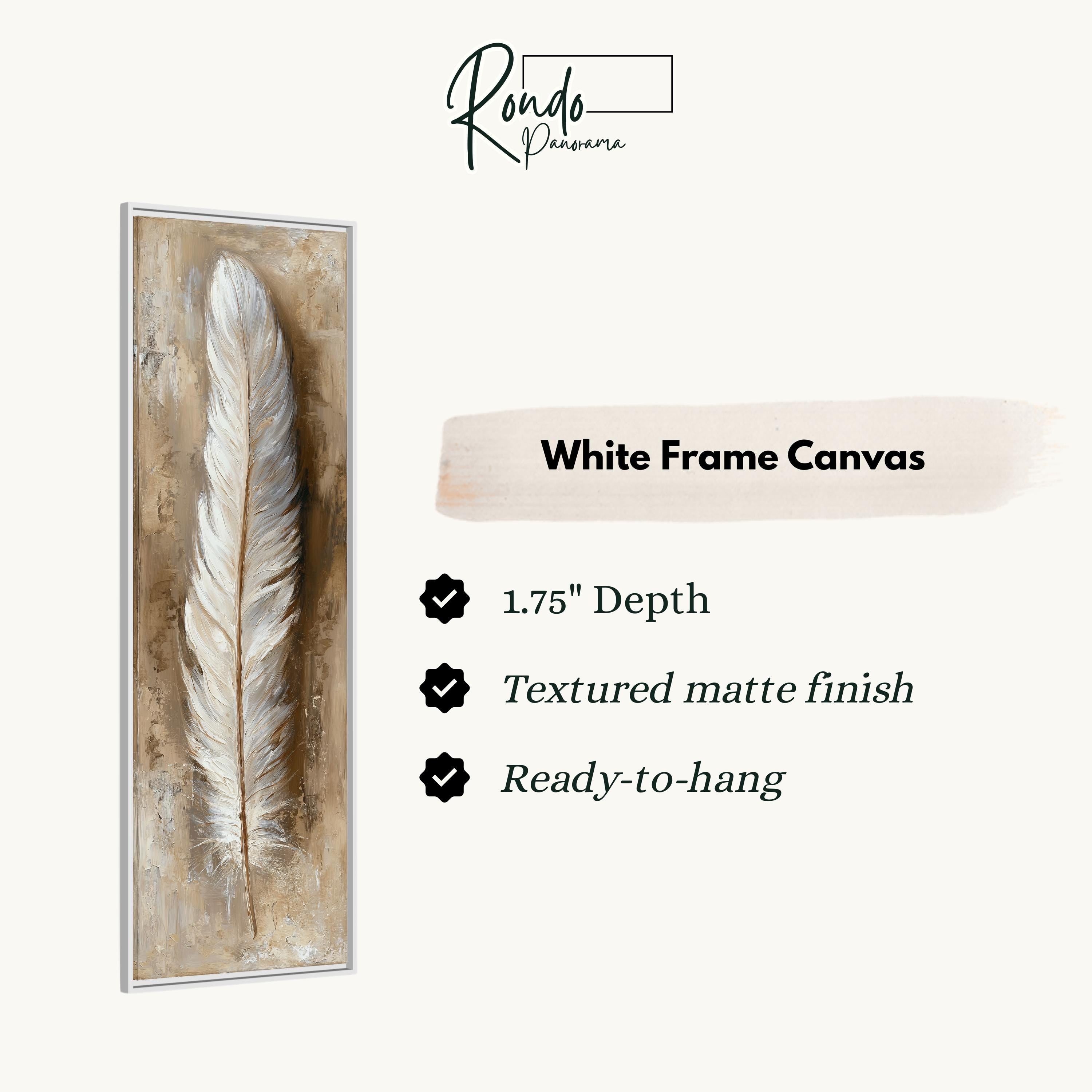 a white frame canvas with a feather on it, along with some text describing the features of the frame.