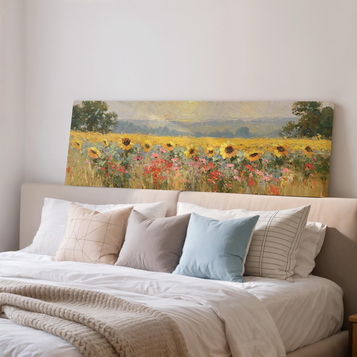 Sunflower and poppy meadow wide panoramic canvas print above a bed in a bedroom