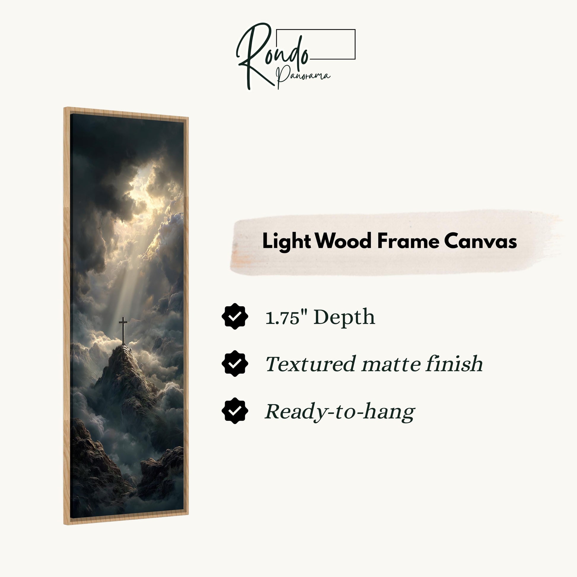 The image is a framed artwork depicting a dramatic landscape with a cross on a mountain peak, set against a cloudy sky.