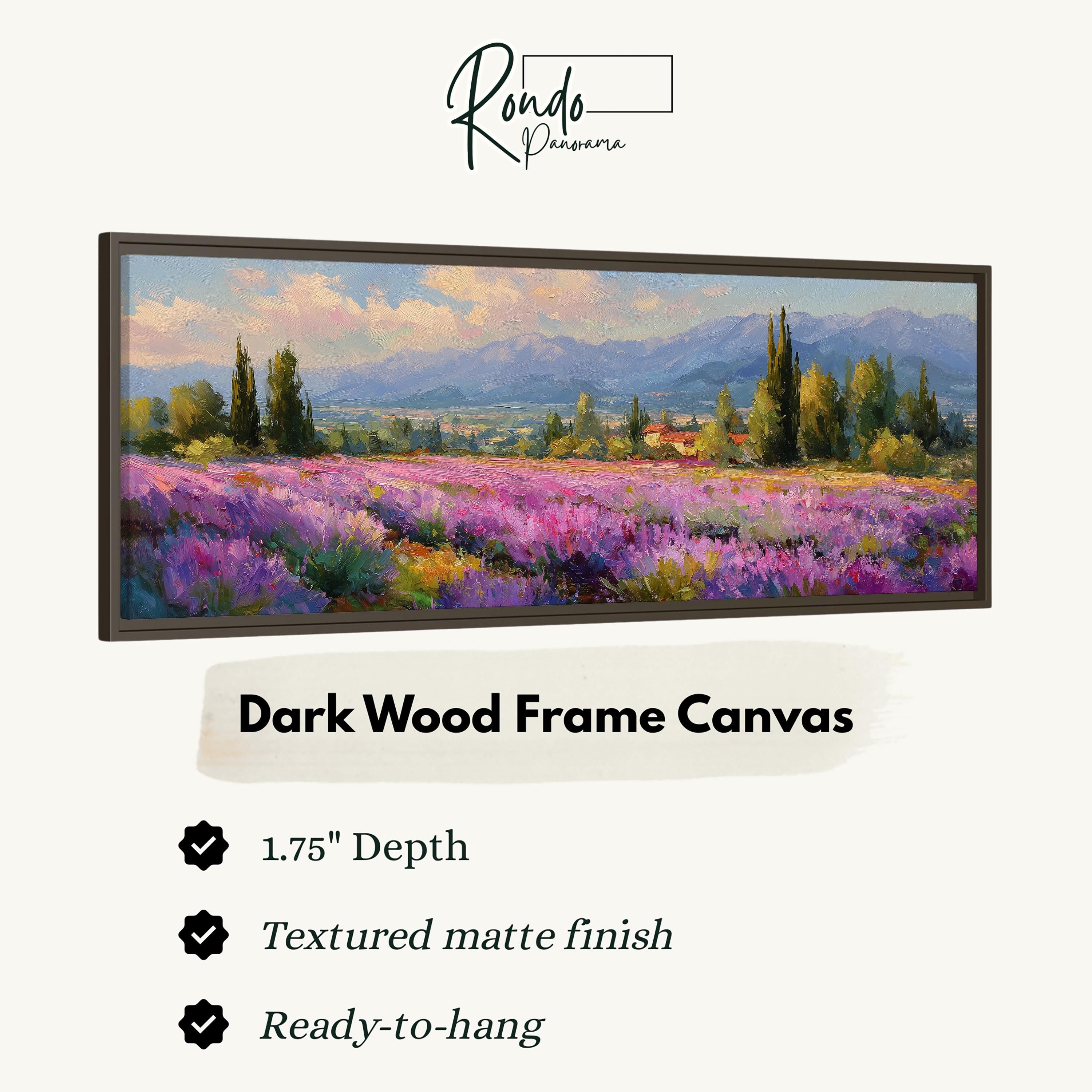 The image is a painting of a field of purple flowers, with mountains in the background. The painting is framed in a dark wood frame.