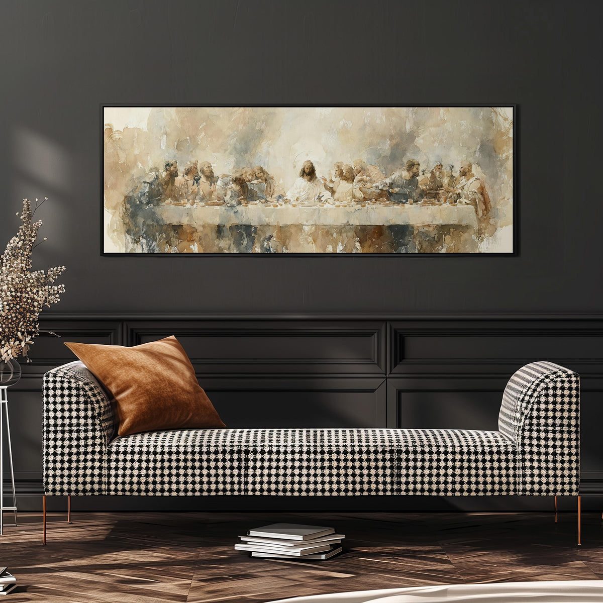 The Last Supper in soft gold tones wide panoramic canvas print above a bench in a dark living room