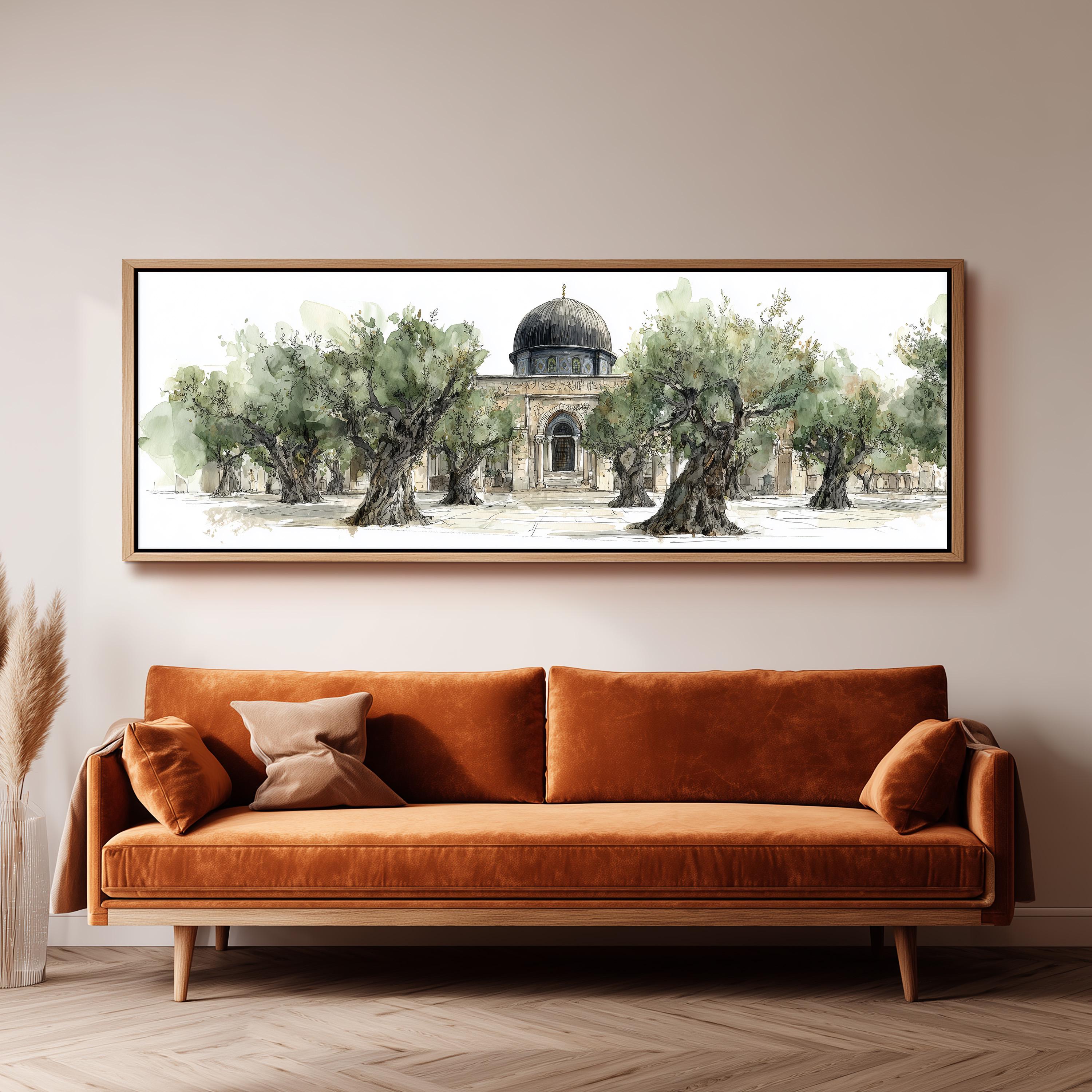 a large painting of a building with a dome, surrounded by trees, hanging on a wall above a brown sofa.