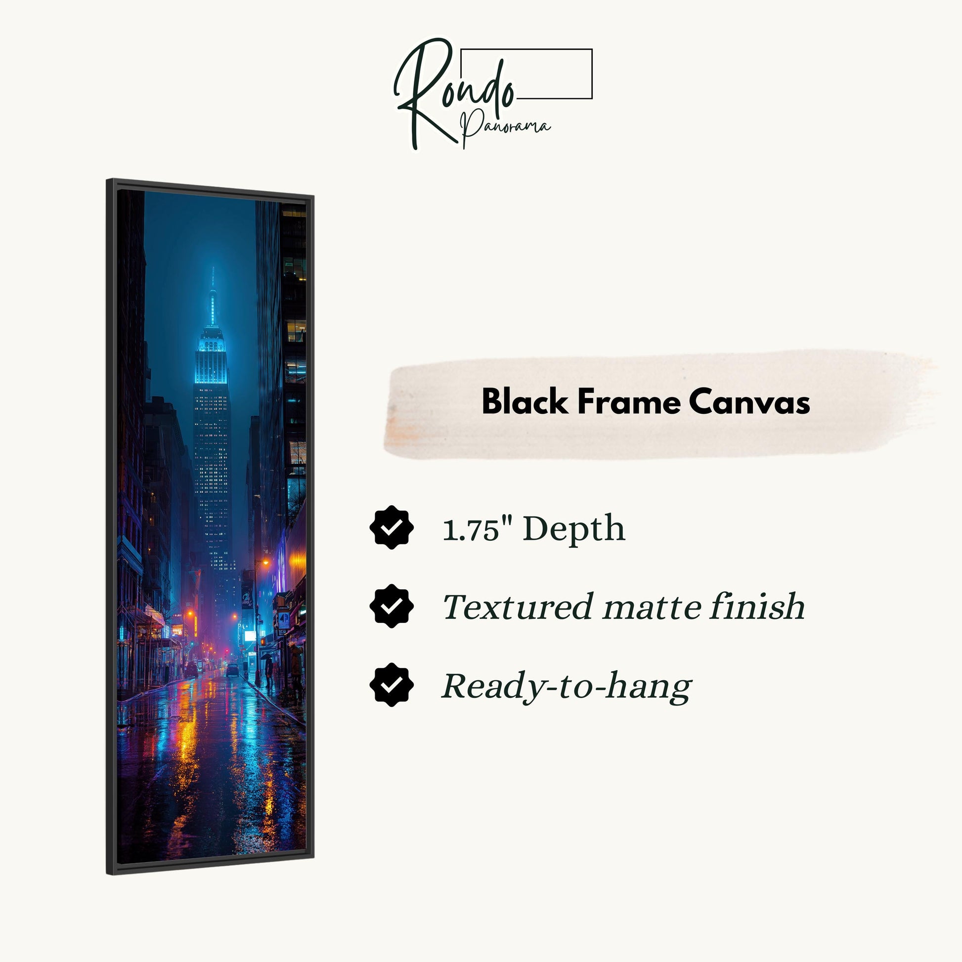 The image is a black frame canvas depicting a city street at night with a tall building illuminated by lights.