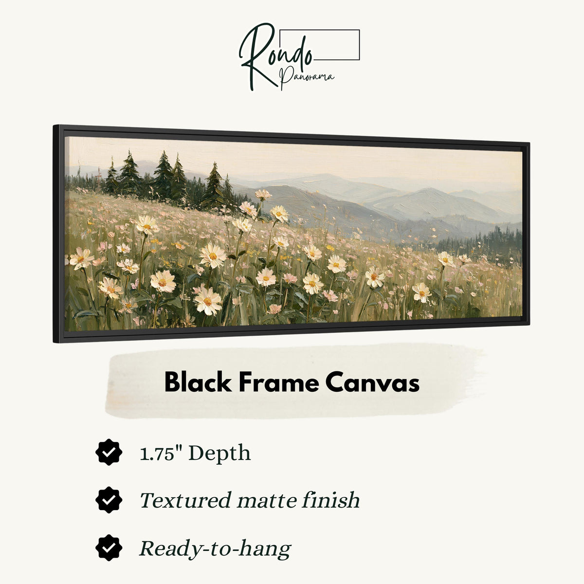 Daisy hillside below blue mountains canvas print in a black floating frame