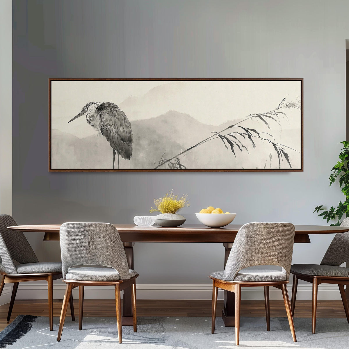 Heron in front of misty ink mountains long horizontal canvas print above a dining table