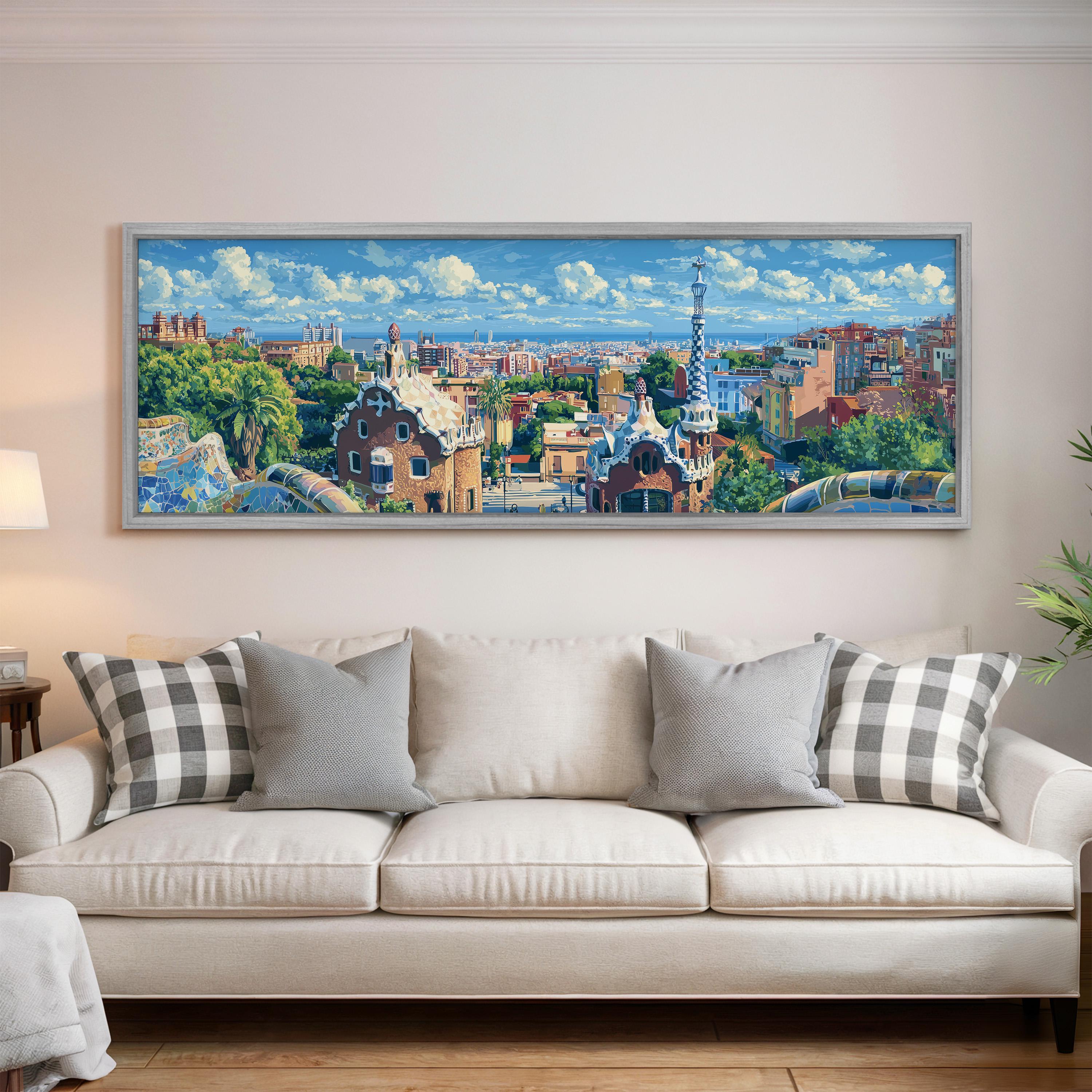 a large, colorful painting of a cityscape hanging on a wall above a white couch with patterned throw pillows.
