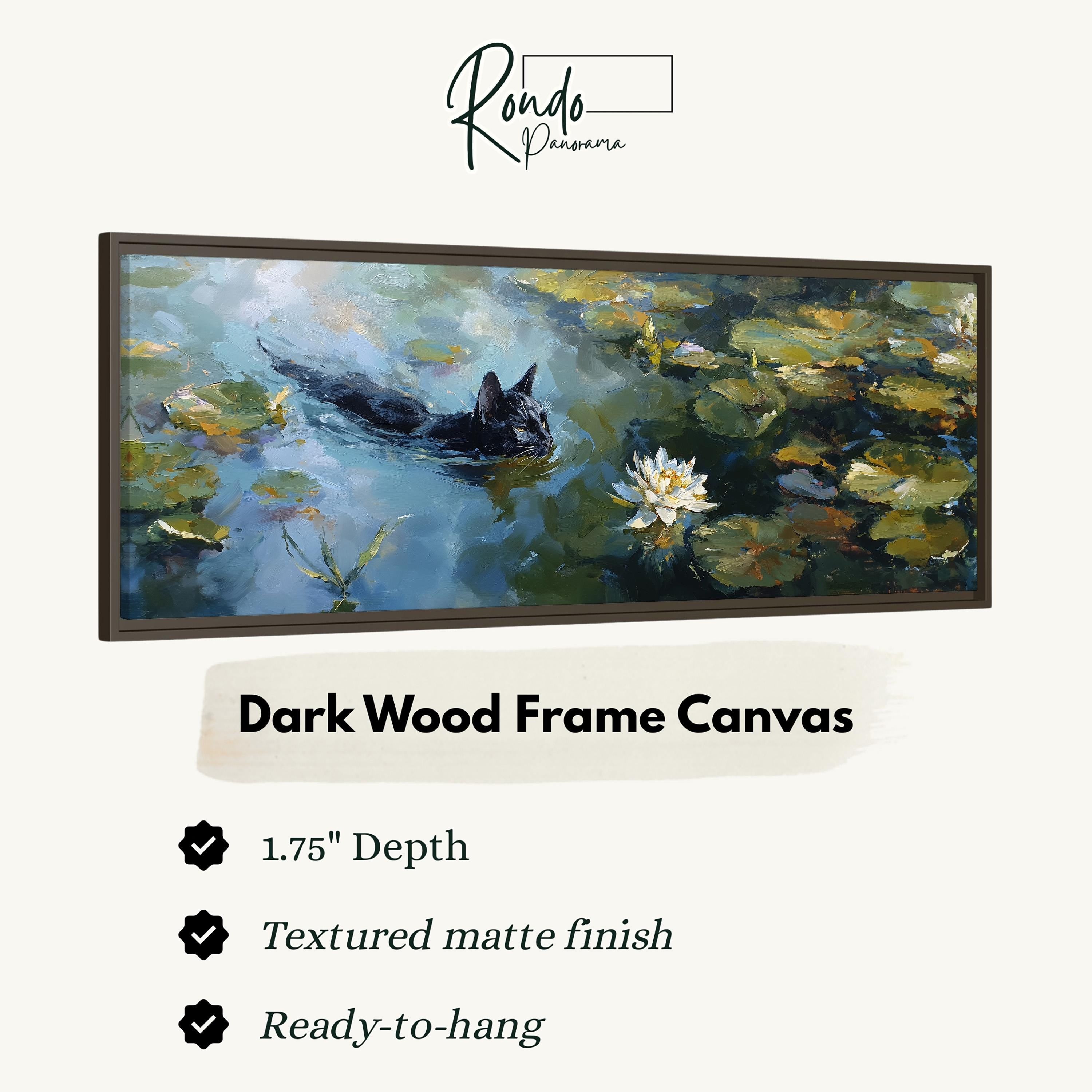 The image is a framed painting depicting a black cat swimming in a pond with lily pads and a water lily.
