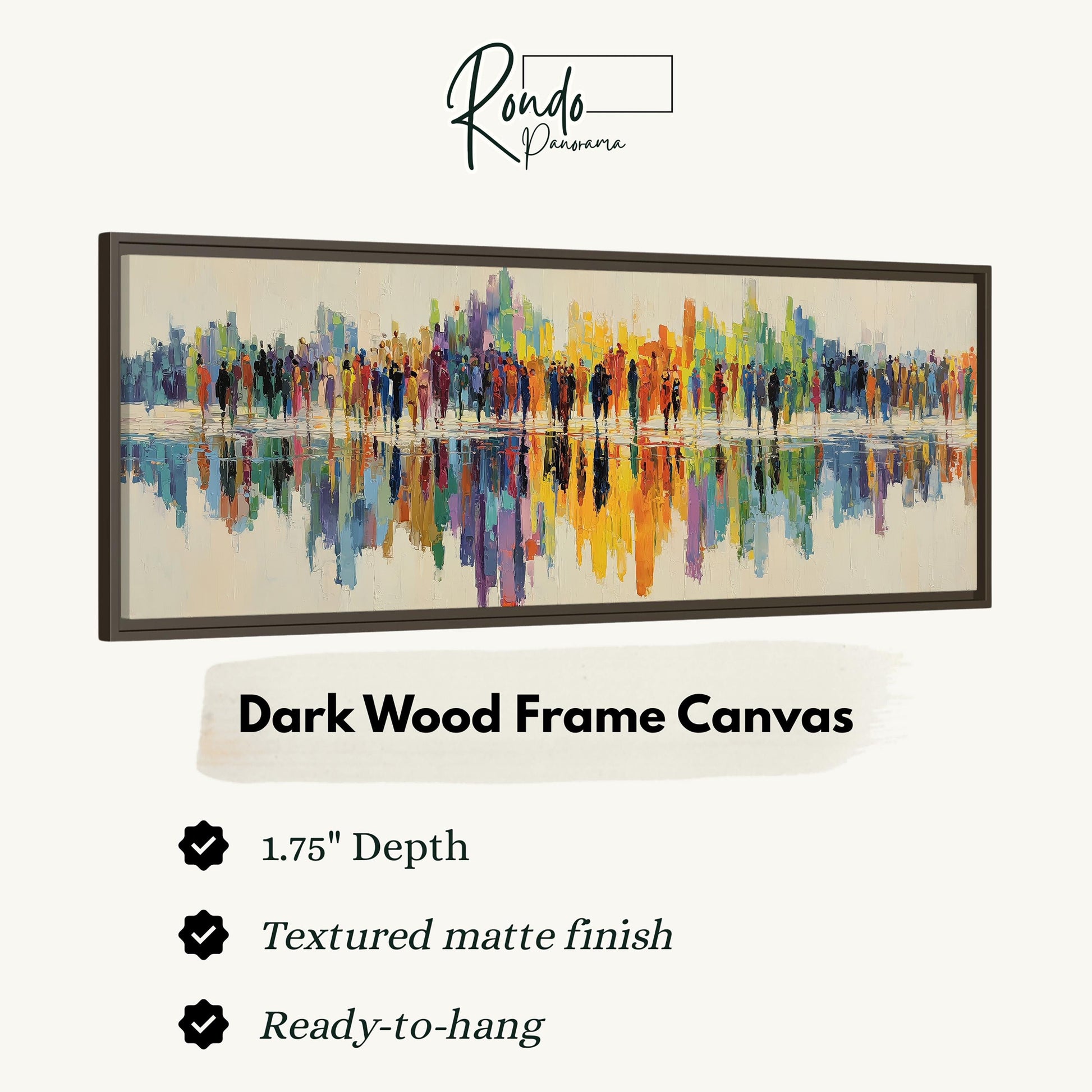 The image is a framed artwork depicting a cityscape with a reflection of the city in the water below.