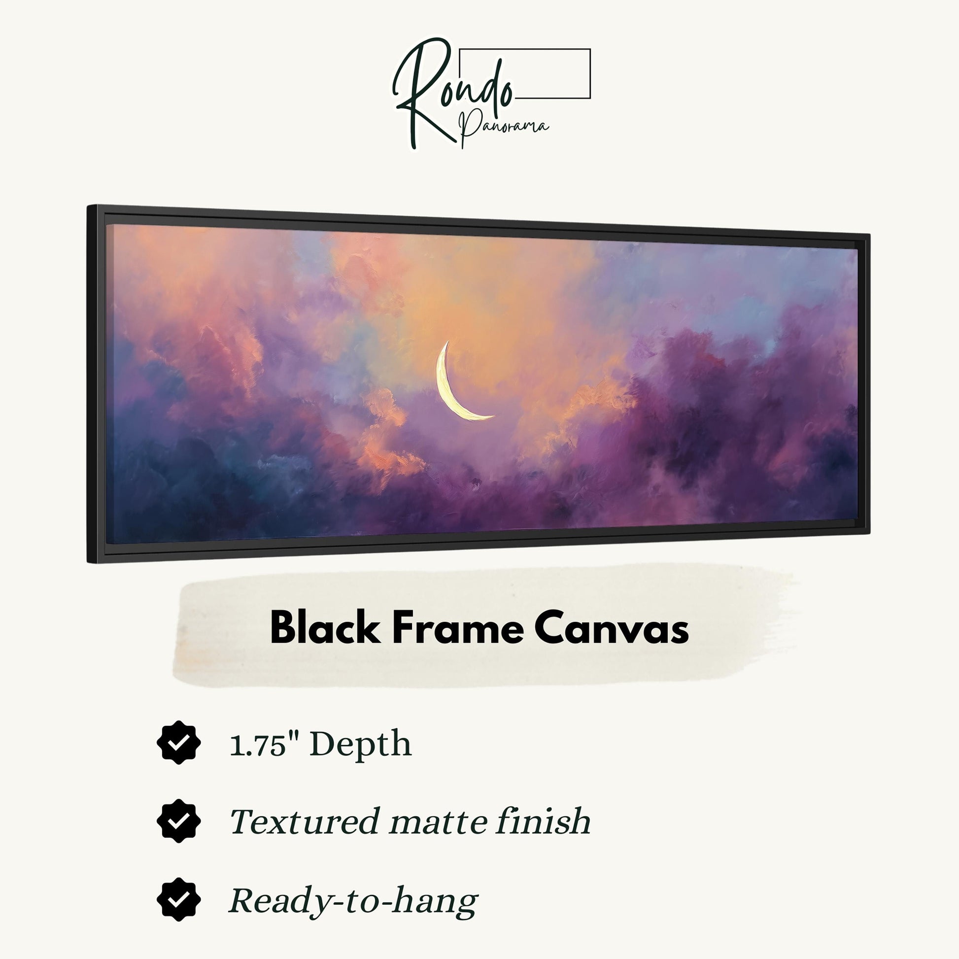 The image is a black frame canvas depicting a night sky with a crescent moon.