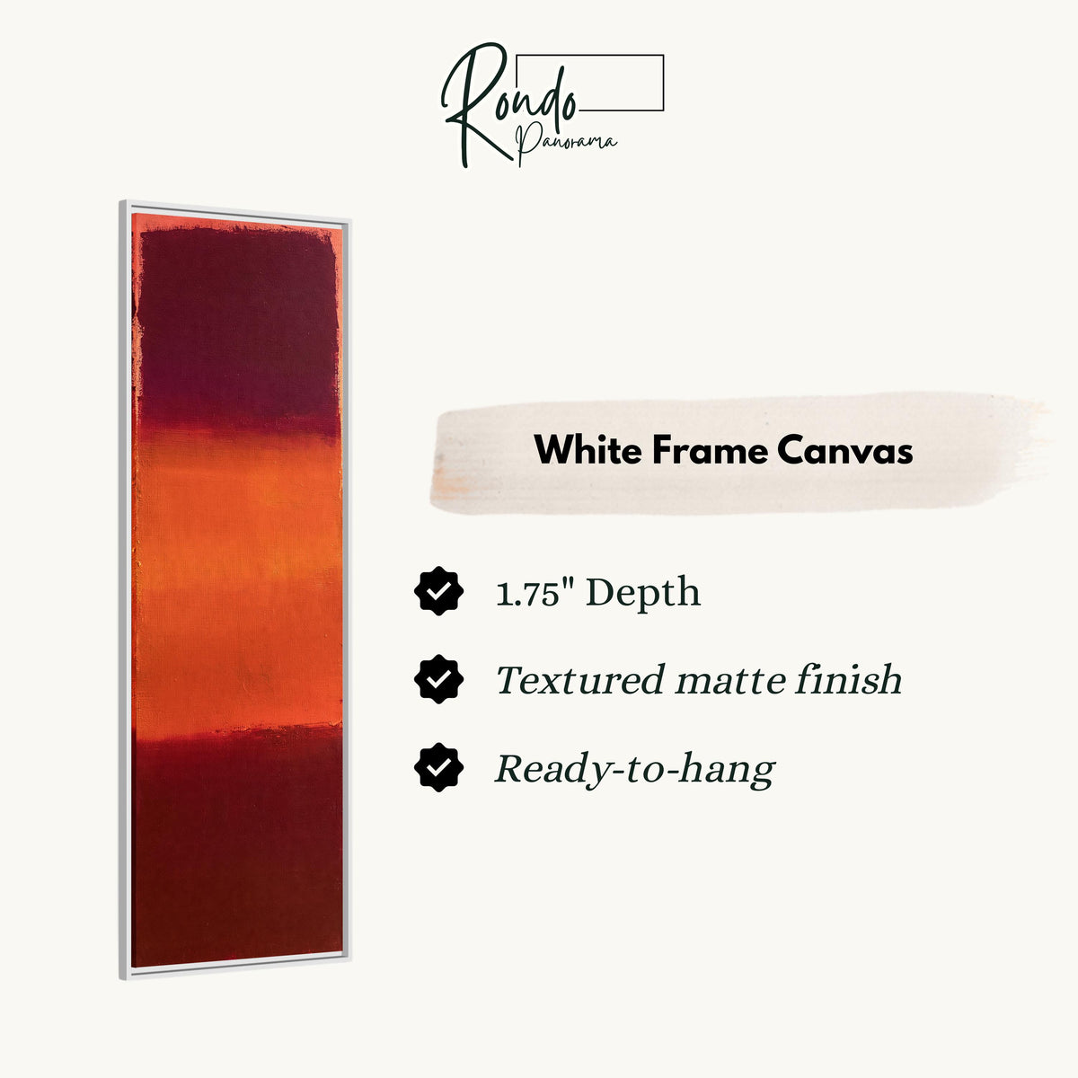 Color field bands in maroon, orange and red canvas print in a white floating frame