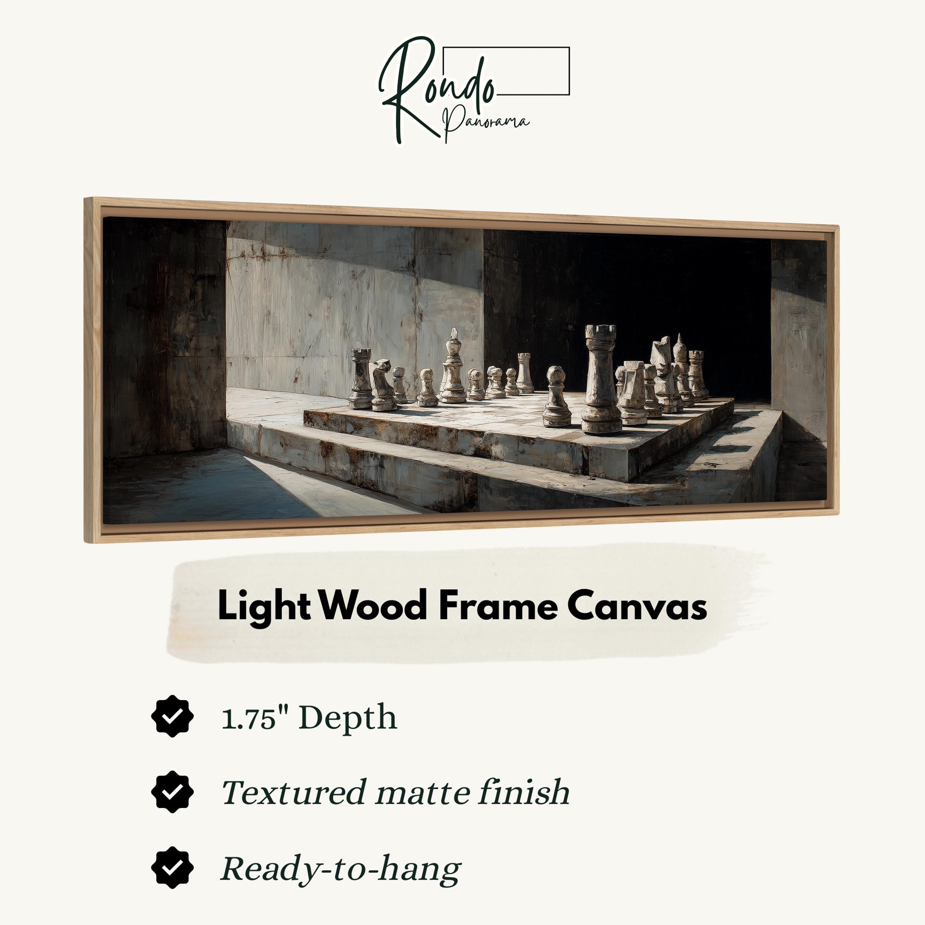 a chessboard with chess pieces arranged on it, set against a textured matte finish. The frame is made of light wood and has a 1.75" depth. The textured matte finish and the ready-to-hang feature are also highlighted.
