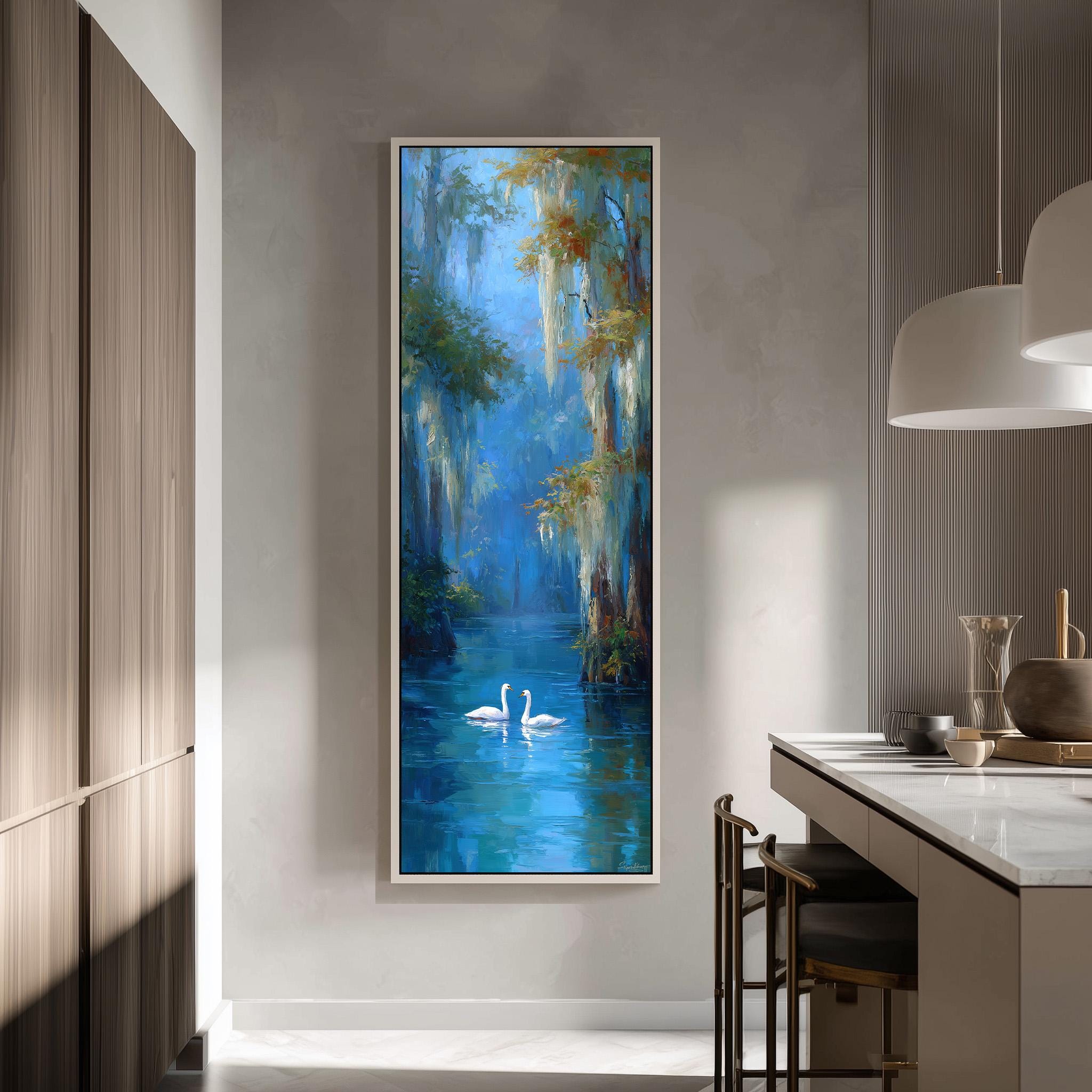 a large painting of two swans swimming in a blue body of water, hanging on a wall in a modern kitchen.