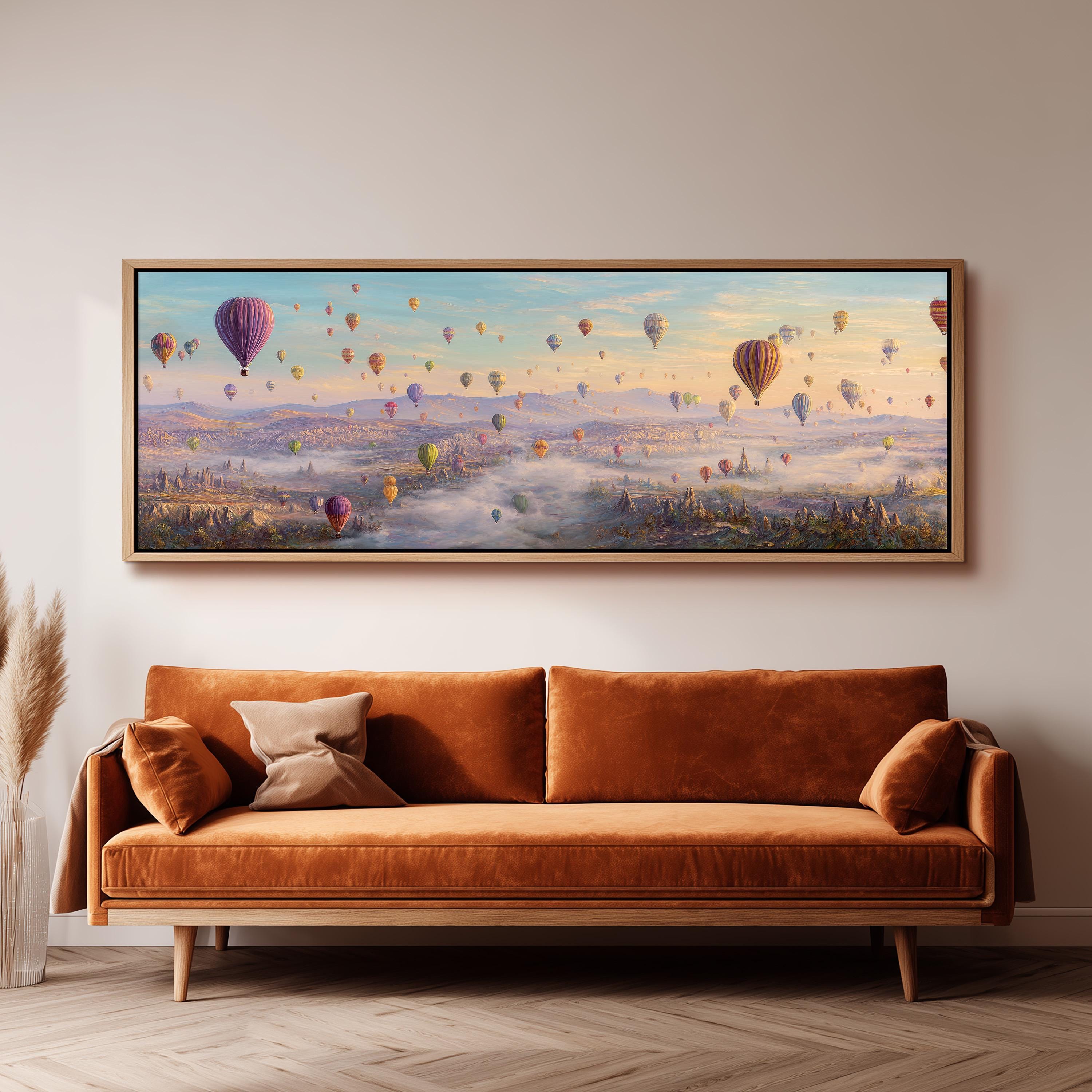 a large, colorful painting of hot air balloons floating in the sky above a cityscape.