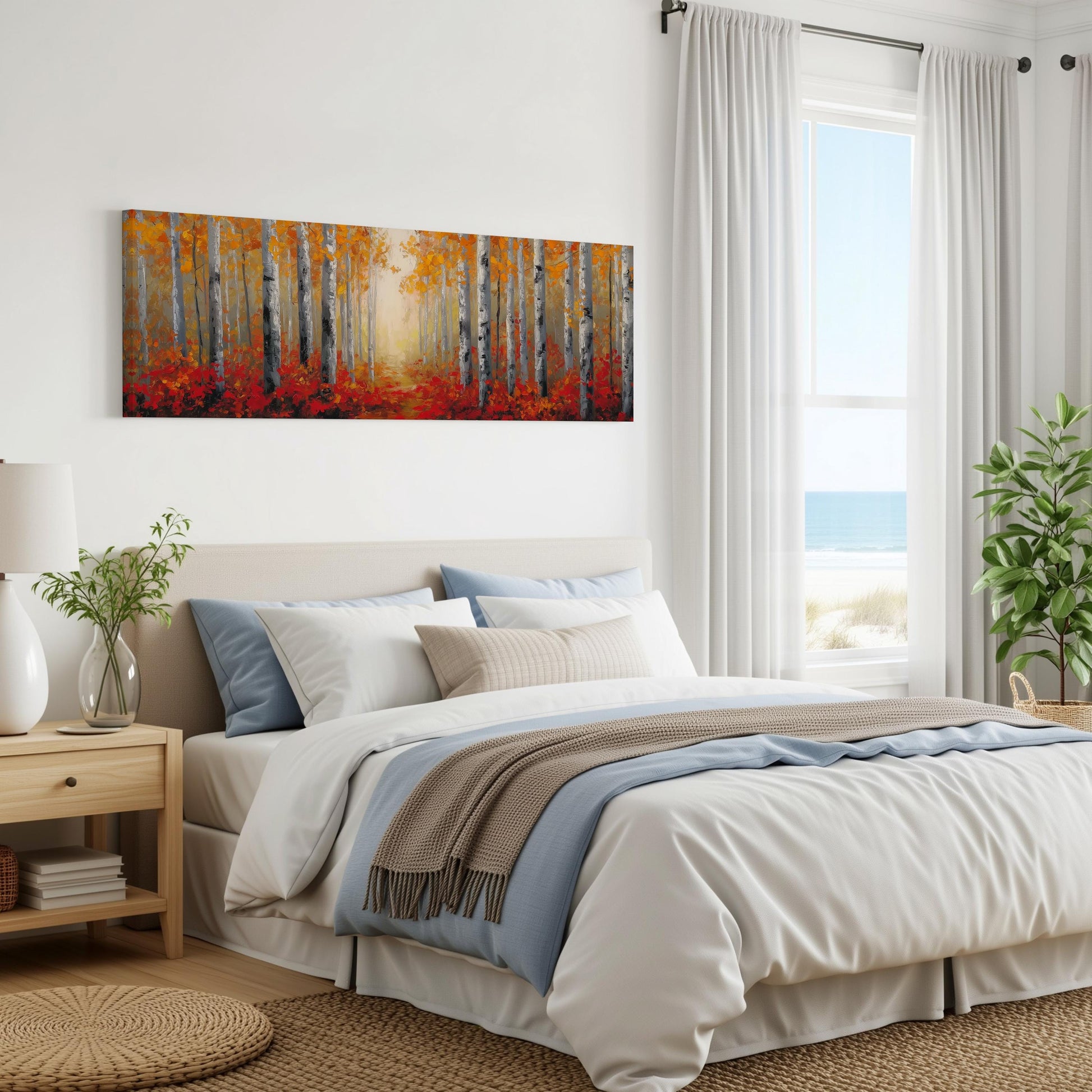 a serene bedroom with a large bed, a painting of a forest on the wall, and a window overlooking the ocean.