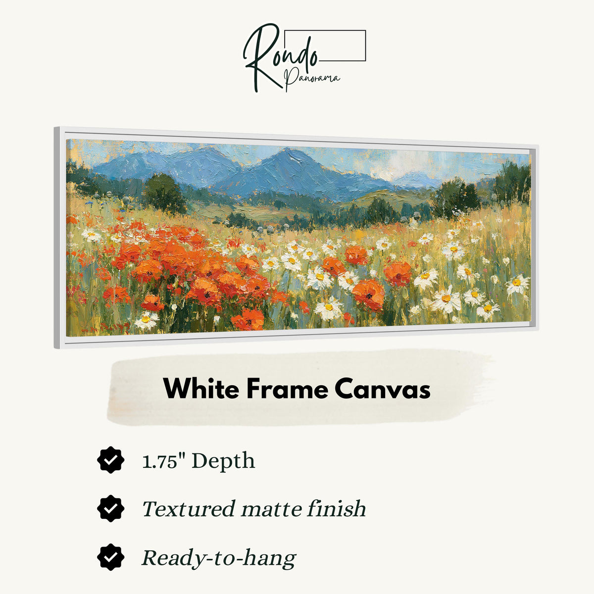 Alpine poppy and daisy meadow canvas print in a white floating frame