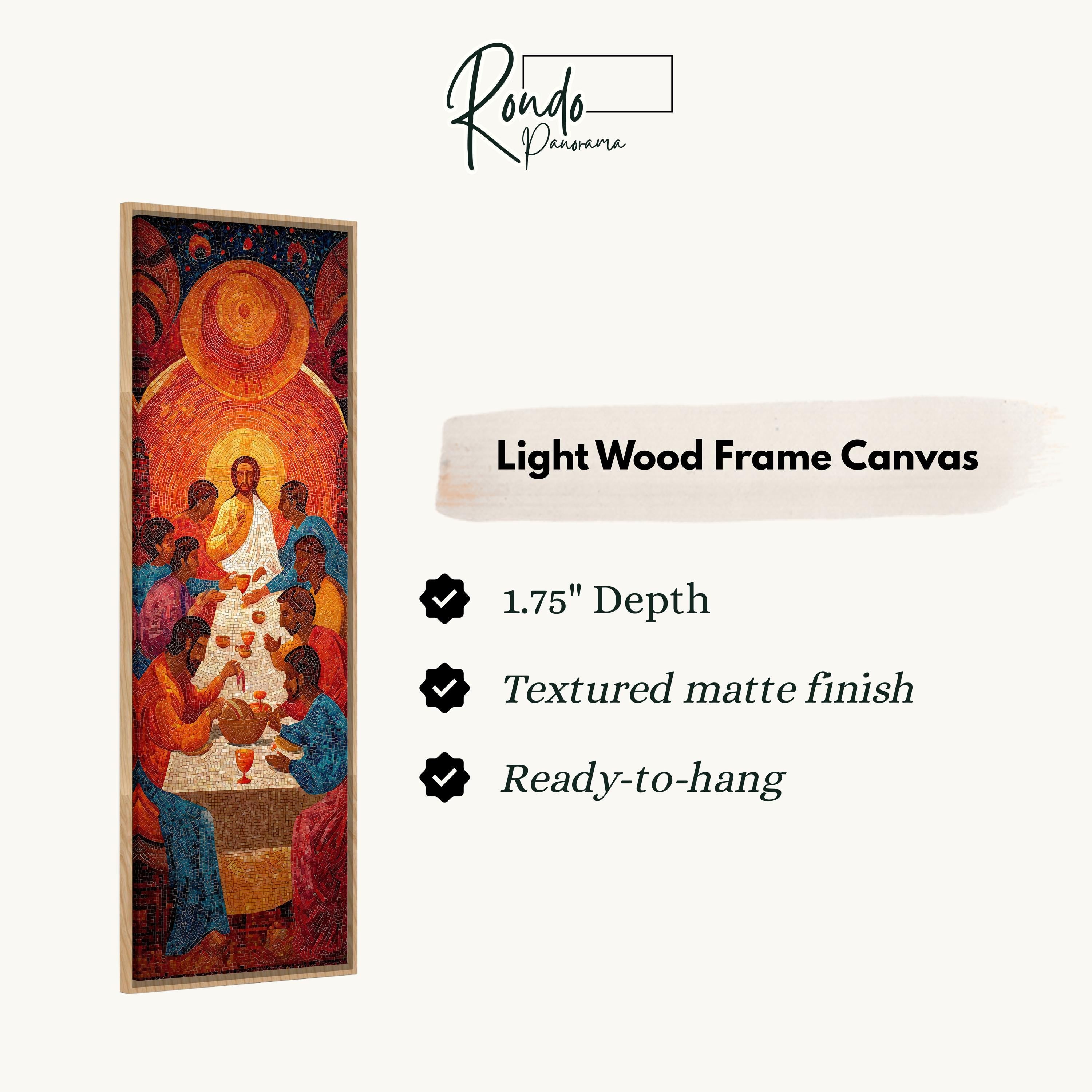 The image is a rectangular painting with a detailed depiction of Jesus Christ and his twelve Apostles. The painting is framed in a light wood frame, and it is described as a "Light Wood Frame Canvas" with a depth of 1.75" and a textured matte finish. The painting is ready to hang.