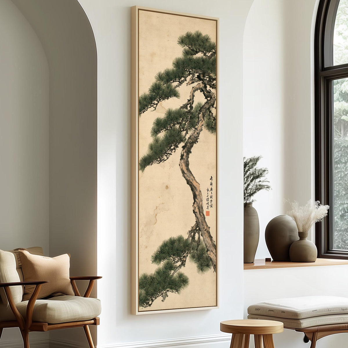 Twisting pine tree with calligraphy long vertical canvas print in a sunlit living space