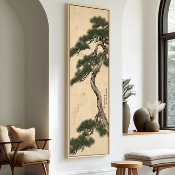 Twisting pine tree with calligraphy long vertical canvas print in a sunlit living space