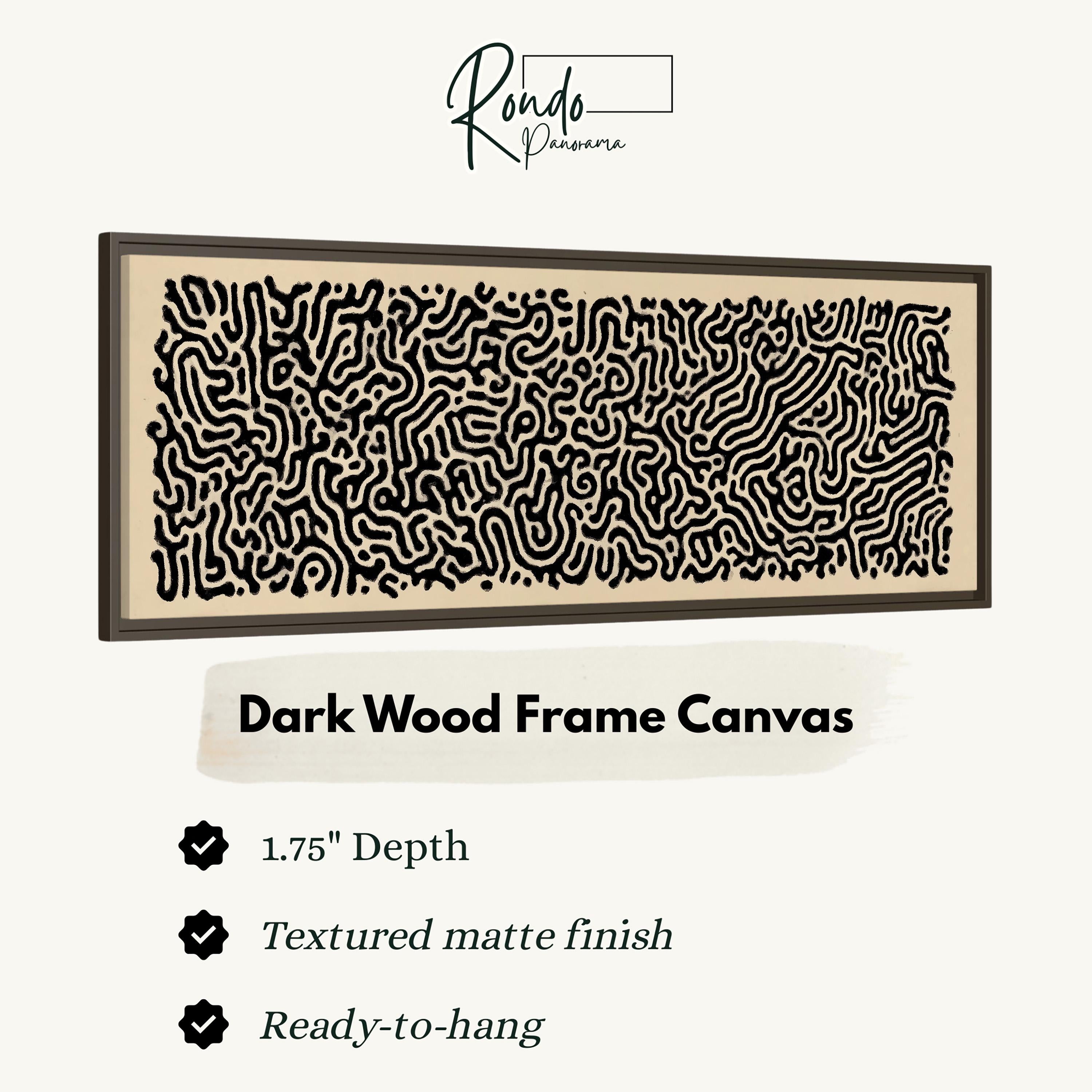 a dark wood frame canvas with a textured matte finish, measuring 1.75" in depth. The canvas is ready to hang.