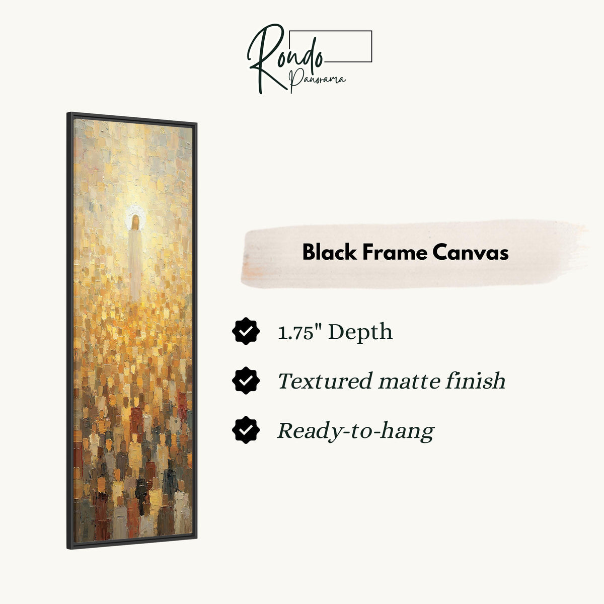 Jesus glowing above a golden crowd canvas print in a black floating frame