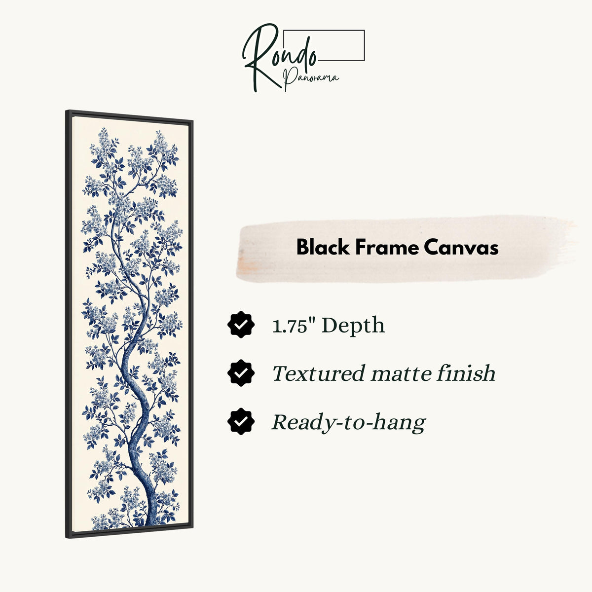 Blue chinoiserie blossom branch on cream canvas print in a black floating frame