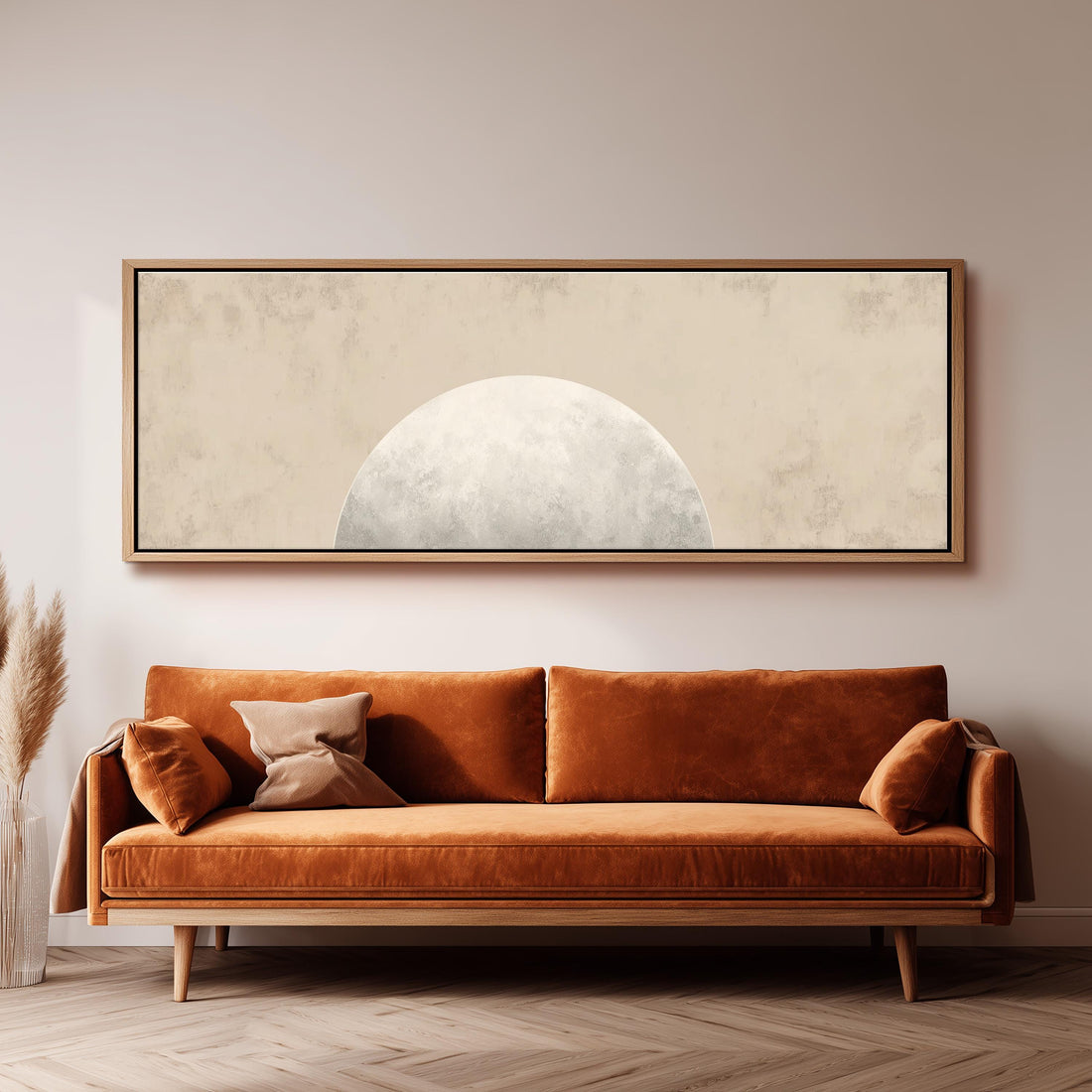 a serene and modern bedroom with a large bed, two nightstands with lamps, and a large abstract painting on the wall above the bed.