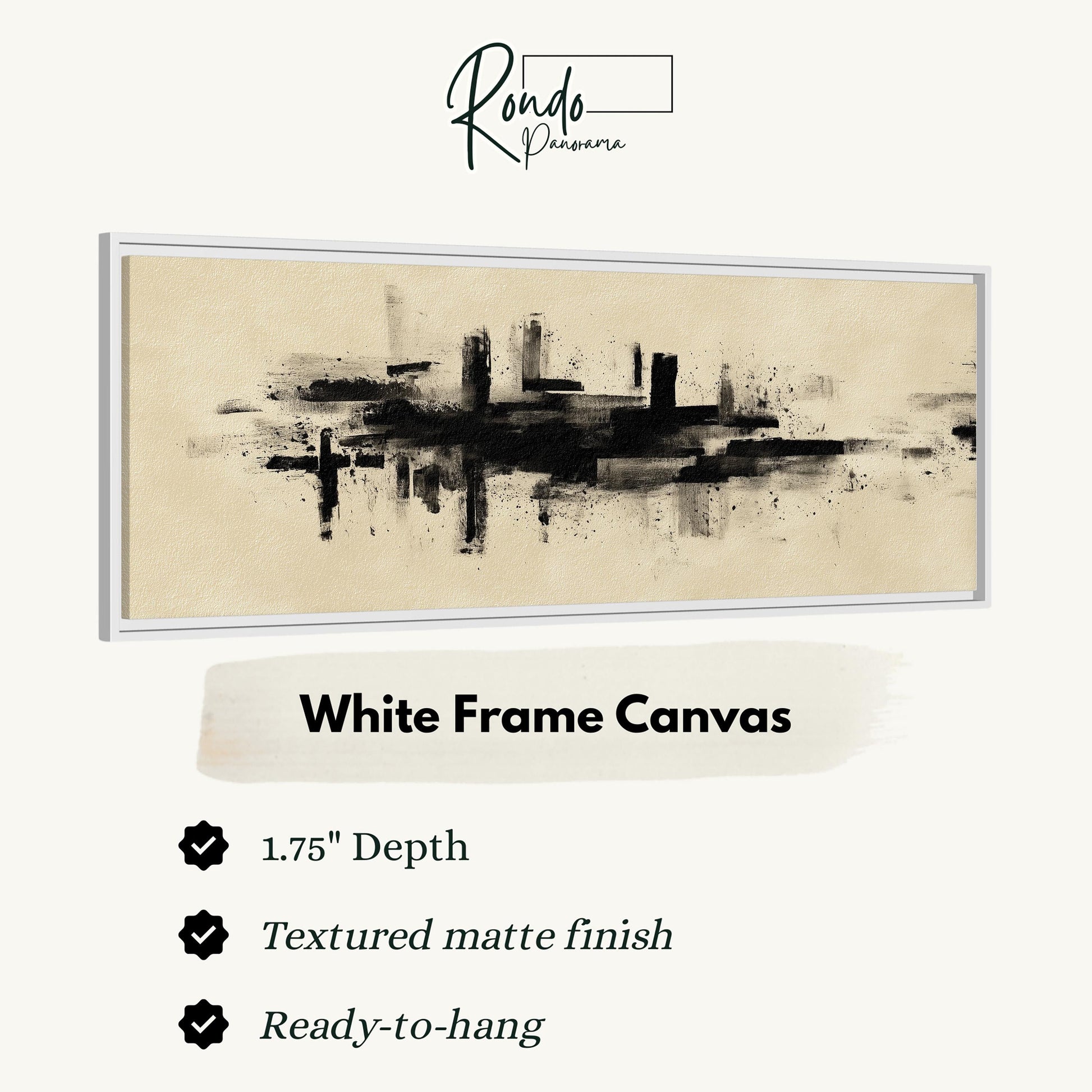 The image is a white frame canvas with a black abstract painting of a cityscape.