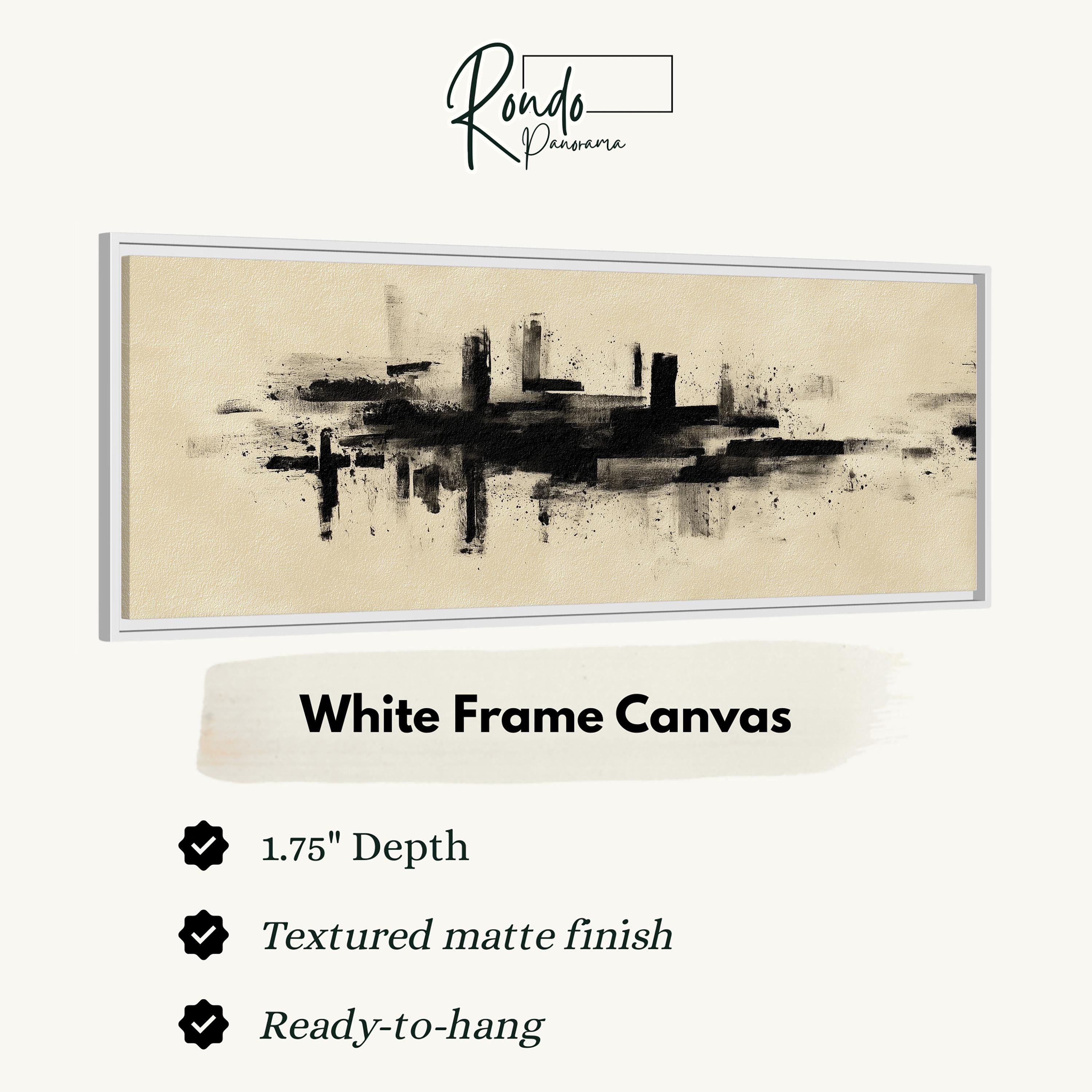 The image is a white frame canvas with a black abstract painting of a cityscape.