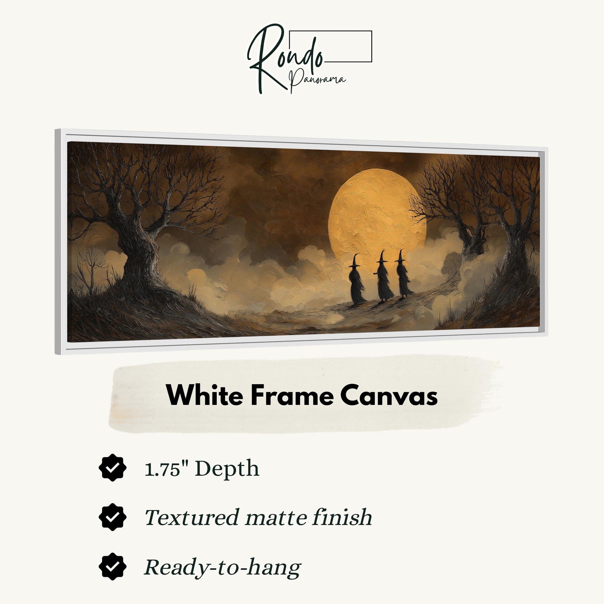 The image is a white frame canvas depicting a spooky scene with three witches walking through a foggy forest under a large, glowing moon.
