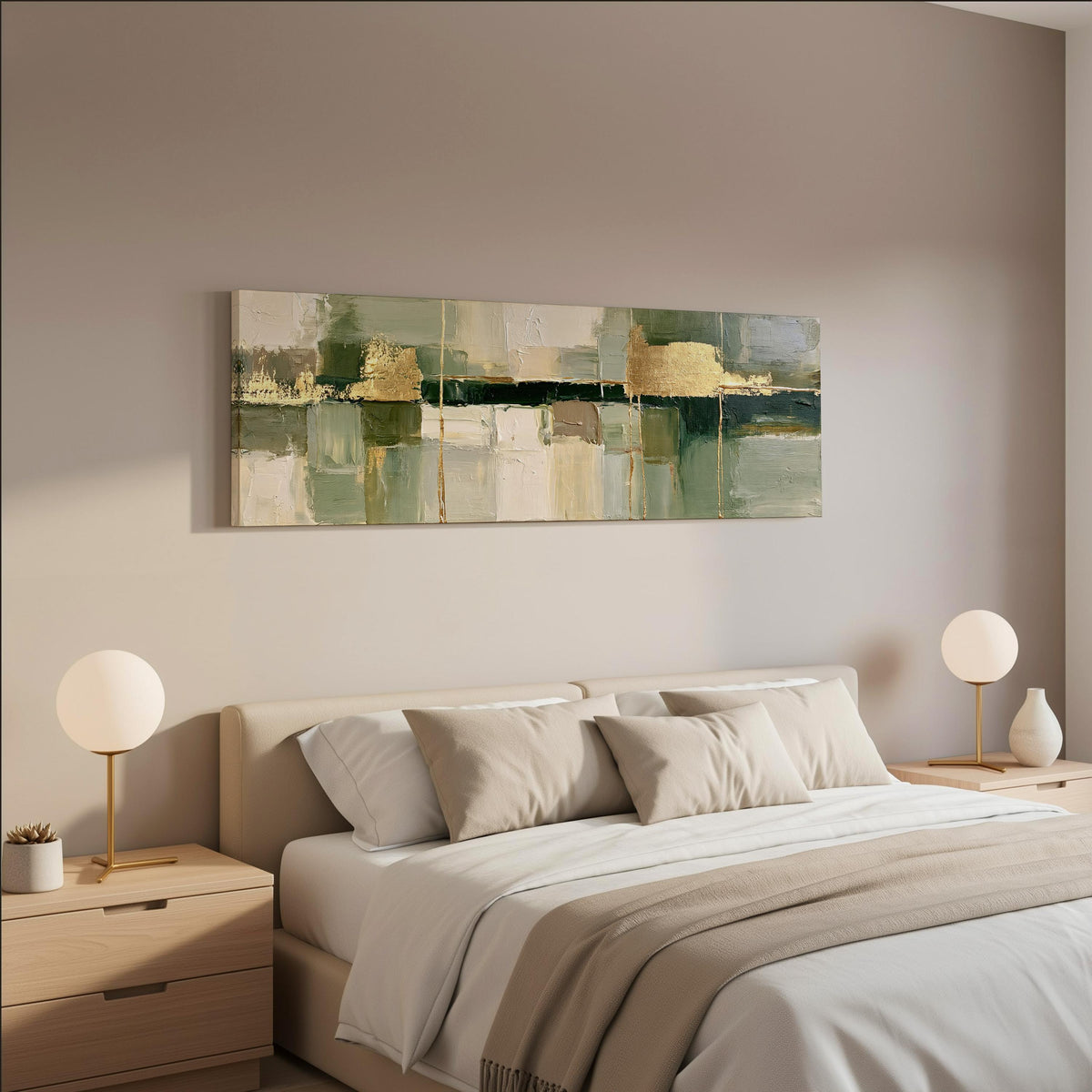 Sage and gold leaf abstract wide panoramic canvas print above a bed in a neutral bedroom