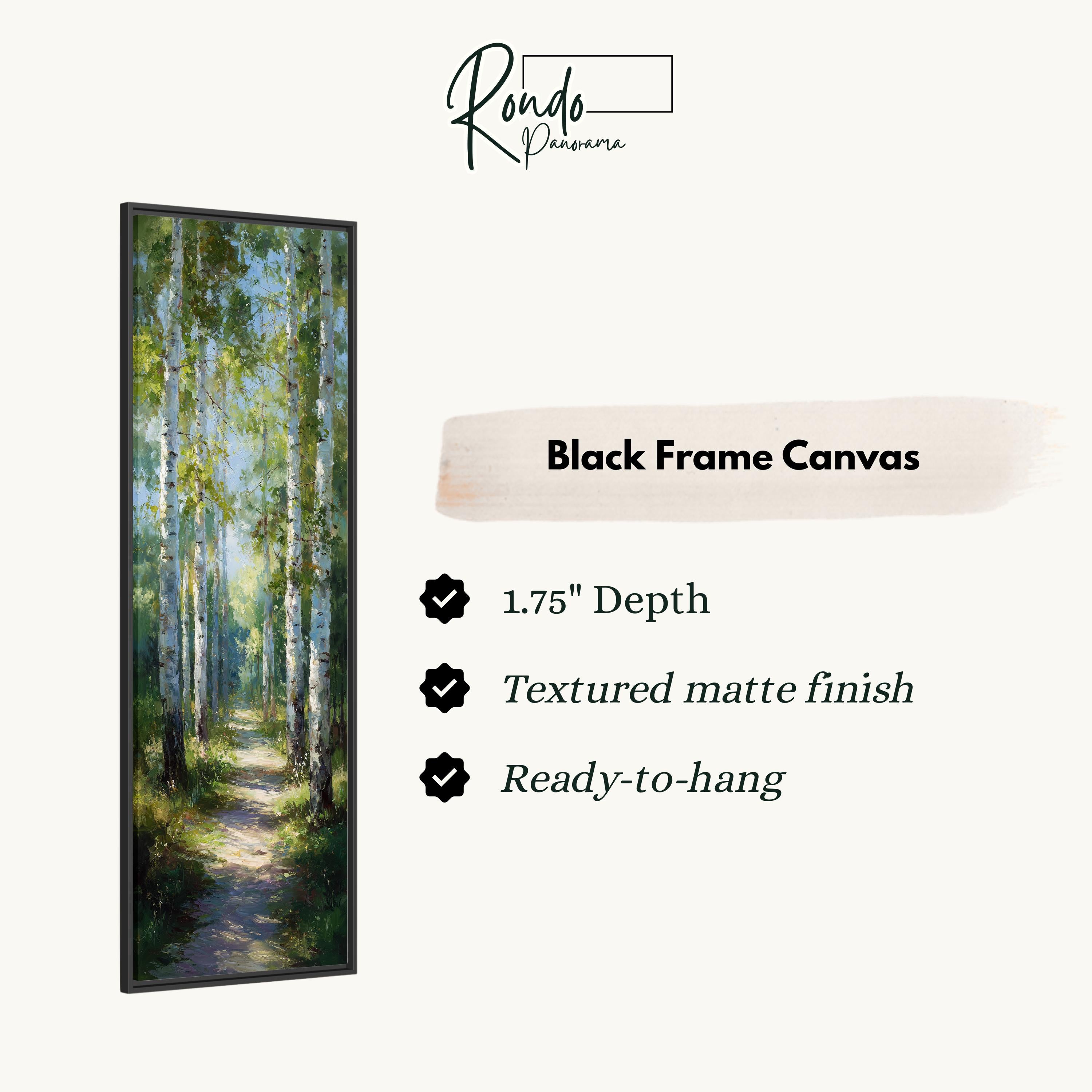The image is a black frame canvas depicting a forest path with tall trees.
