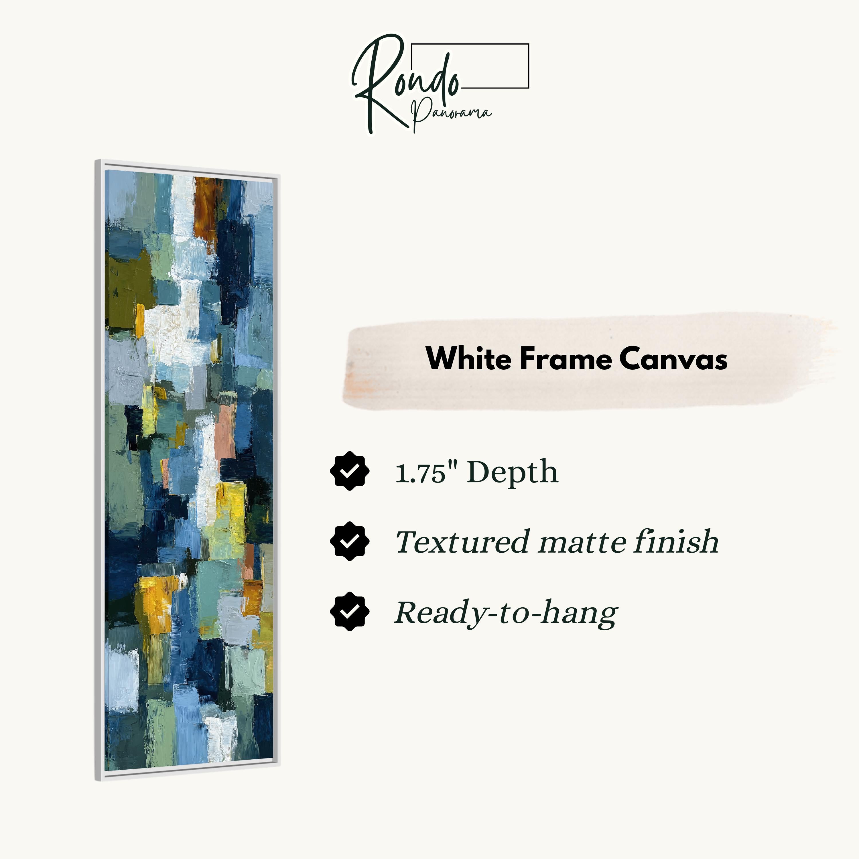The image is a product advertisement for a white frame canvas. It features a vertical painting with a textured finish and a depth of 1.75 inches. The text highlights the features of the canvas, such as the textured matte finish and the ready-to-hang nature.