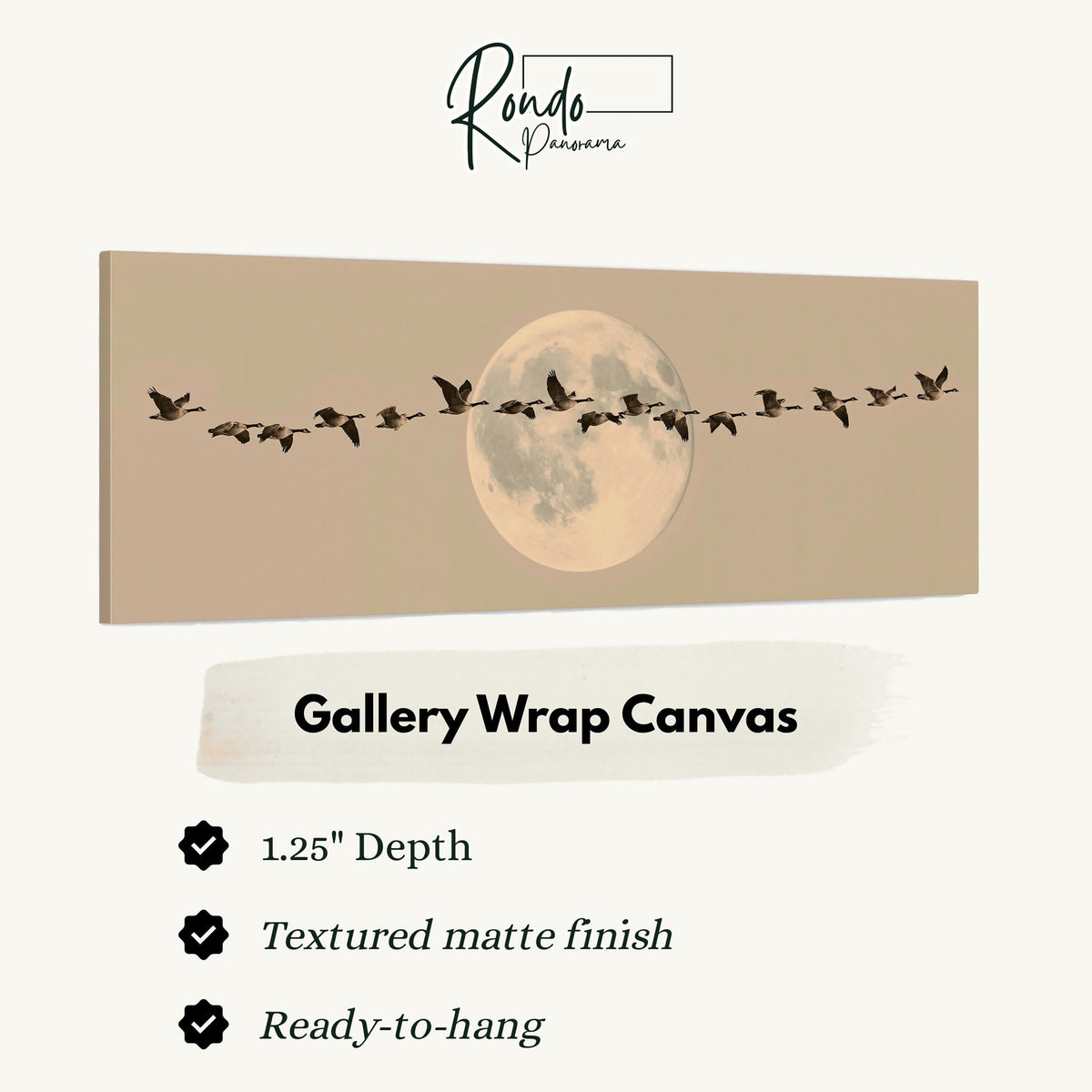 Geese flying across a pale moon on sand gallery wrap canvas with the image wrapped around the edges