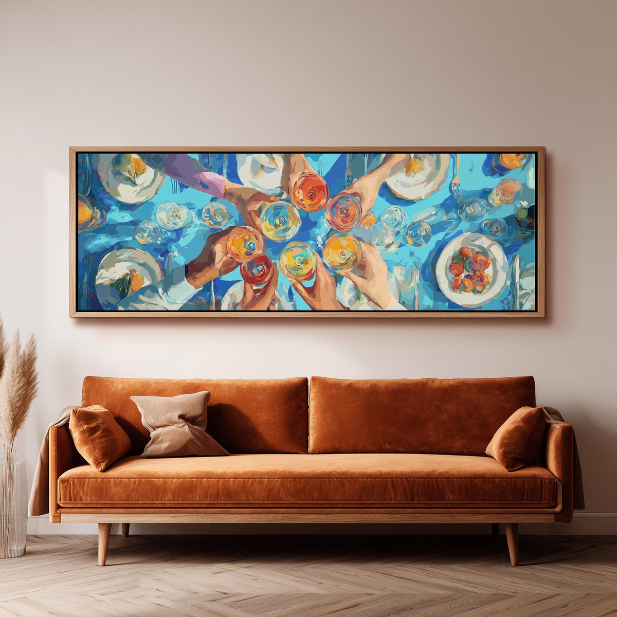 Friends toasting over a blue table from above wide panoramic canvas print above a bench in a dark living room