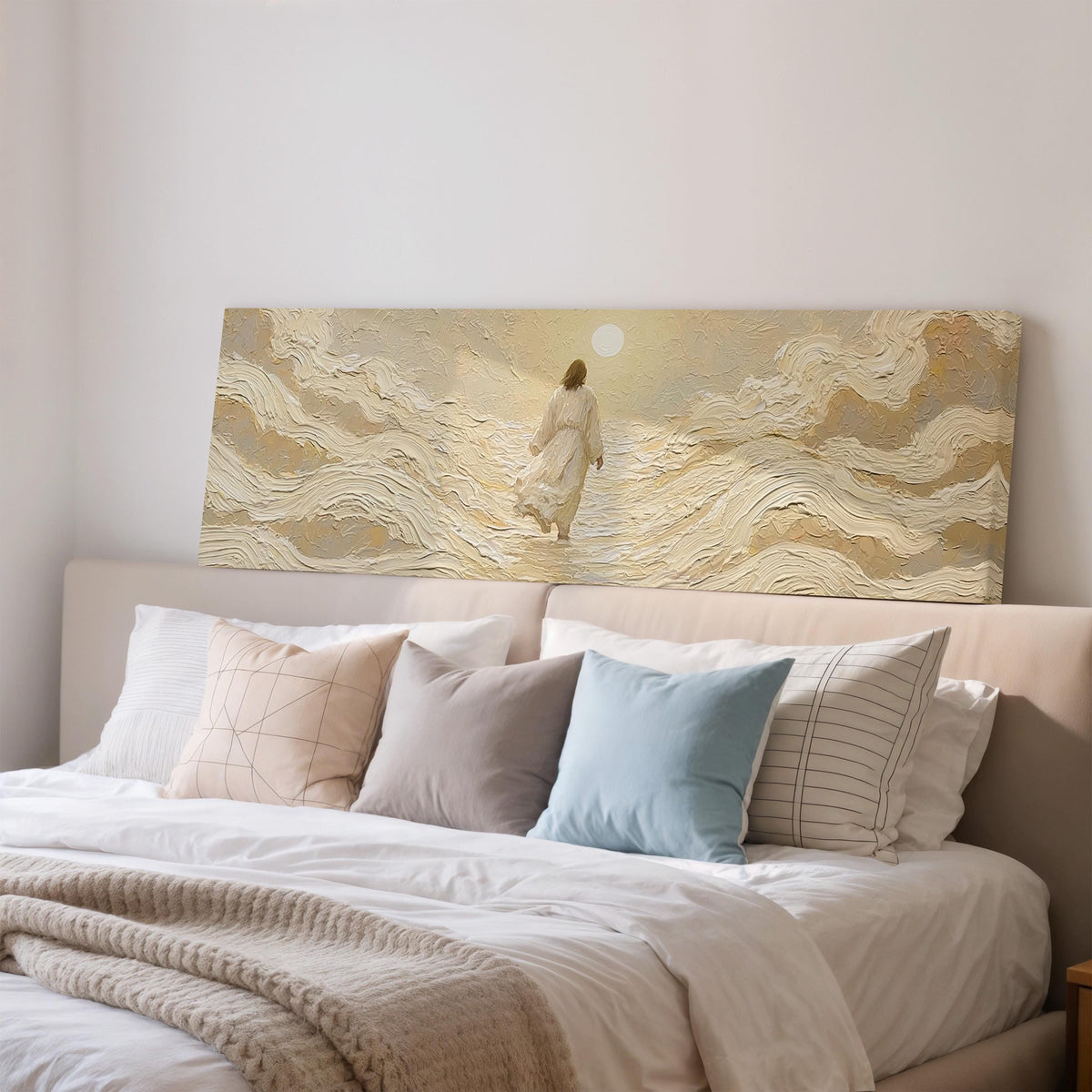 Jesus walking on golden waves wide panoramic canvas print above a bed in a bedroom