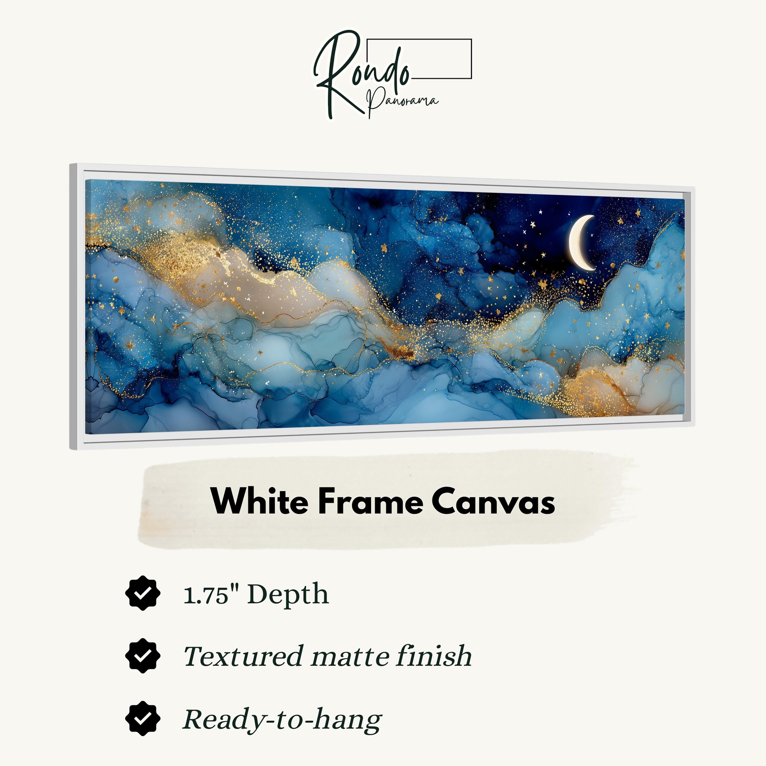 The image is a white frame canvas depicting a night sky with a crescent moon and stars.