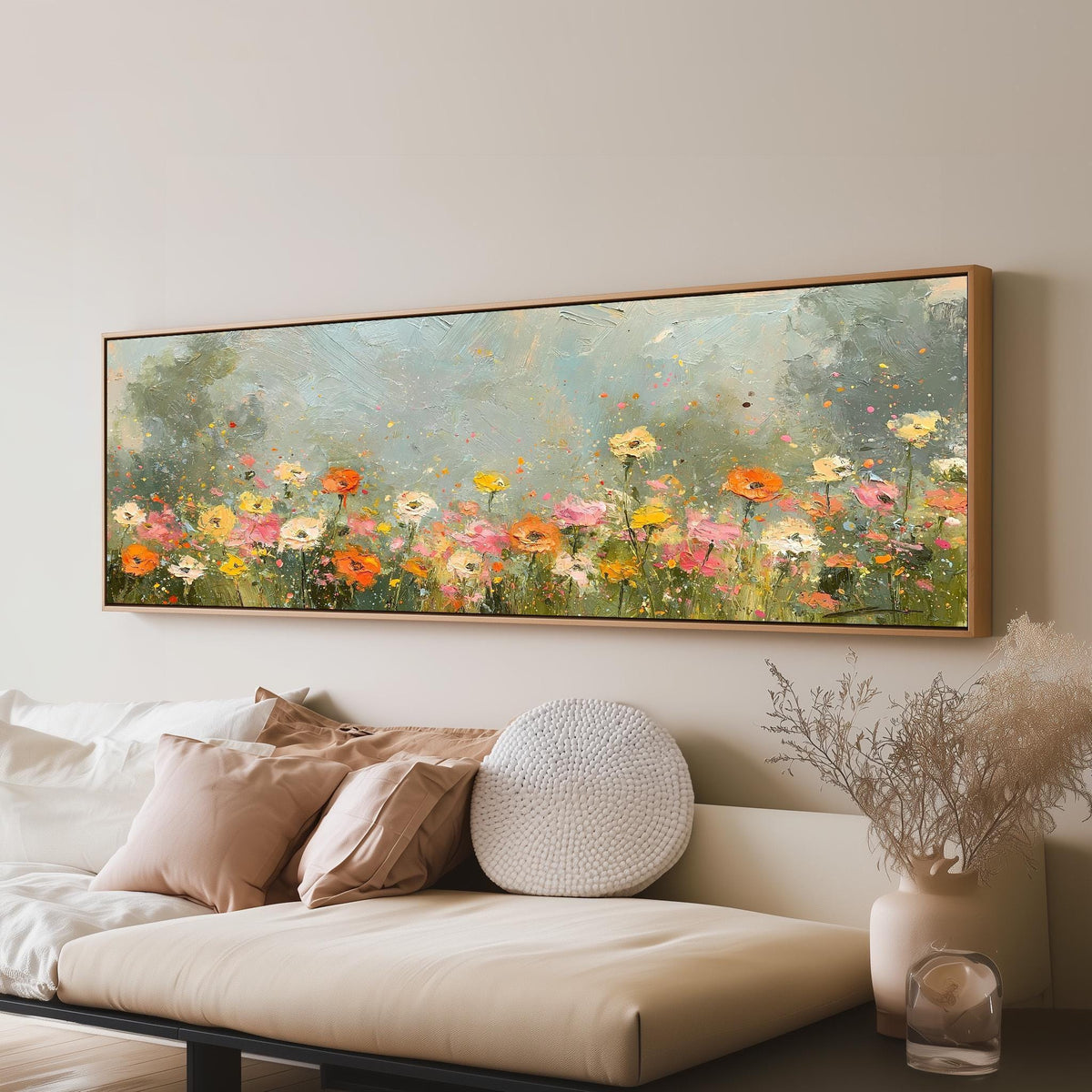 Impressionist wildflower meadow long horizontal canvas print above a sofa in a living room