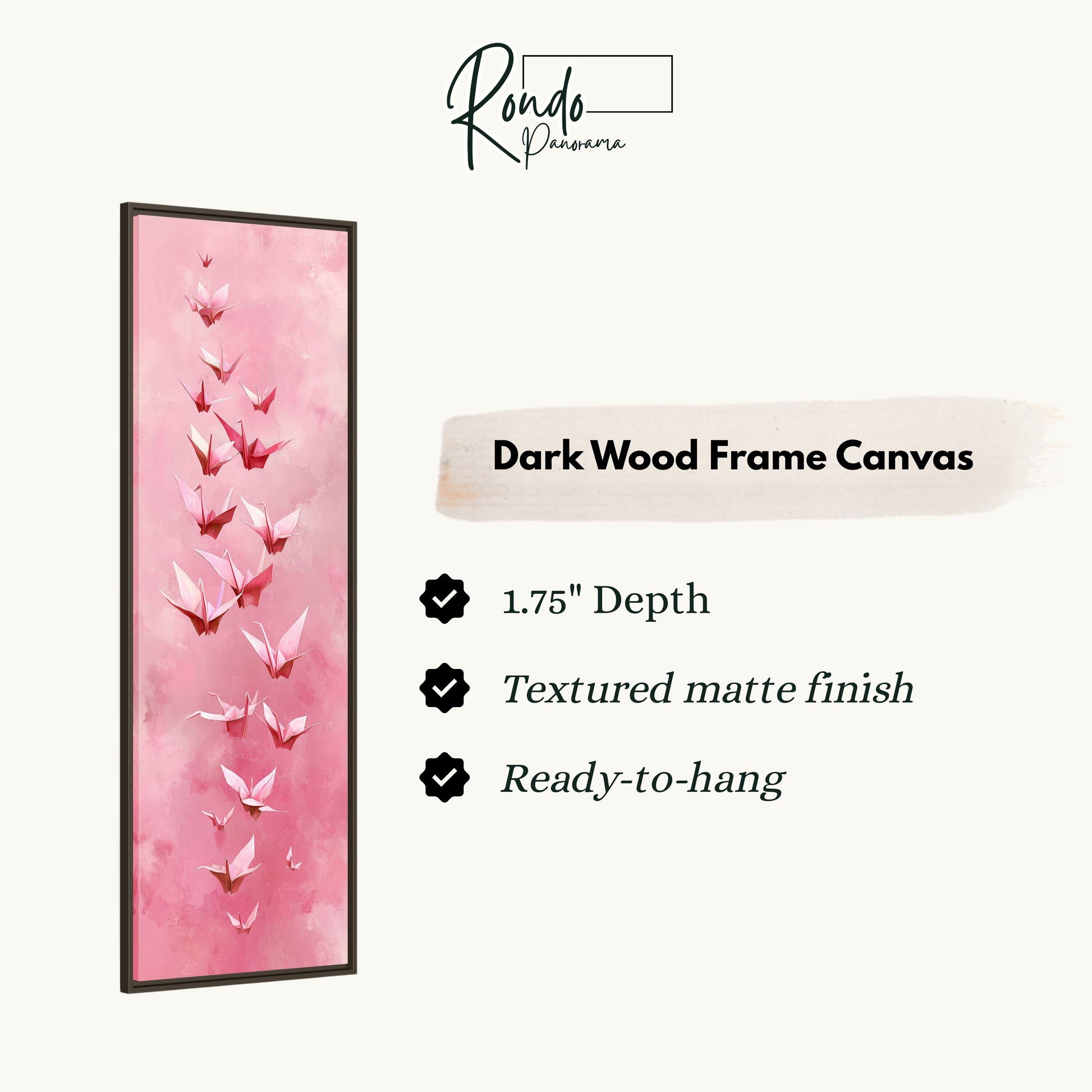 The image is a vertical text box with a pink background, containing information about a dark wood frame canvas.