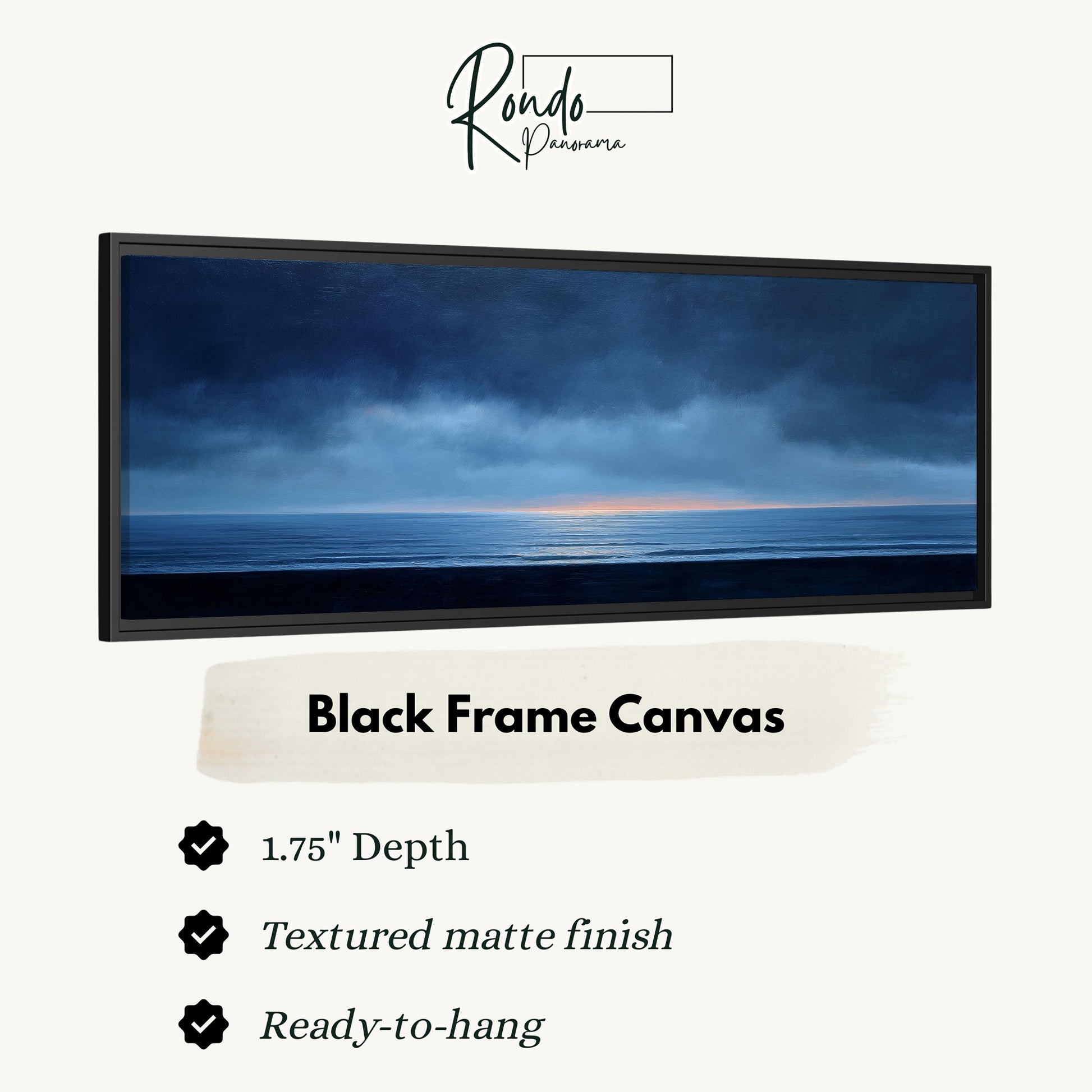 The image is a black frame canvas depicting a serene ocean scene with a cloudy sky.