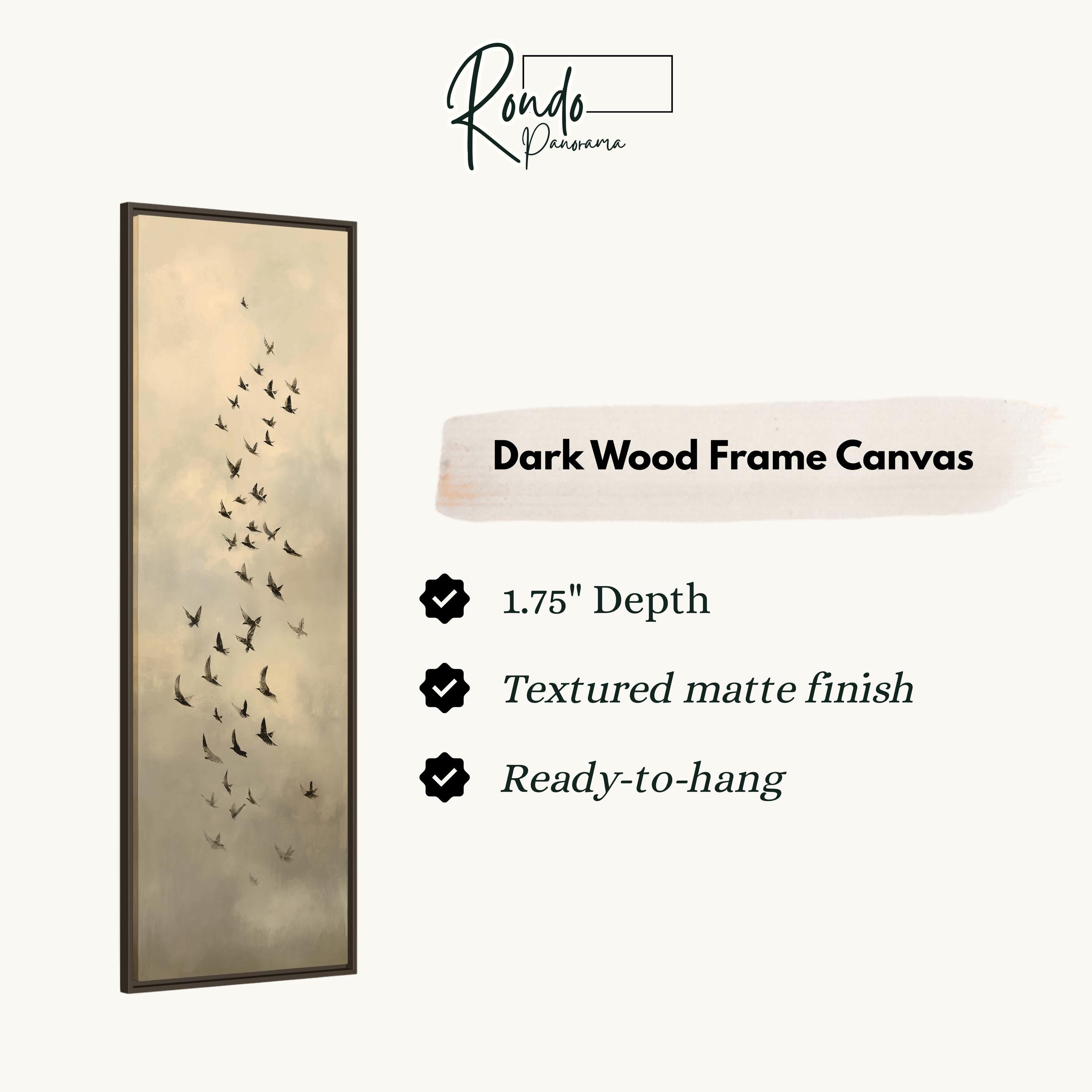 The image is a dark wood frame canvas featuring a flock of birds in flight.