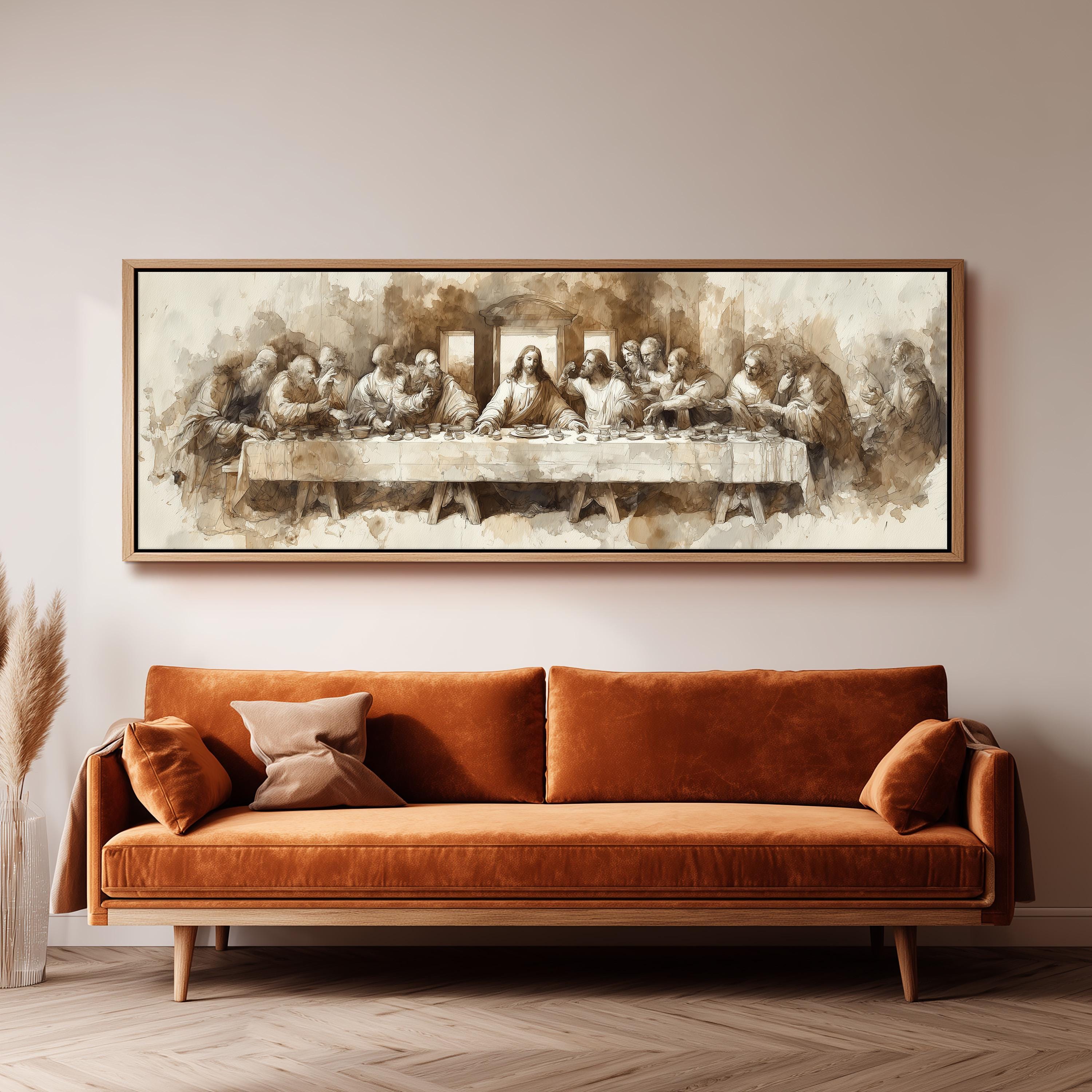a large, framed painting of the Last Supper hanging on a wall above a brown sofa.