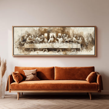 a large, framed painting of the Last Supper hanging on a wall above a brown sofa.