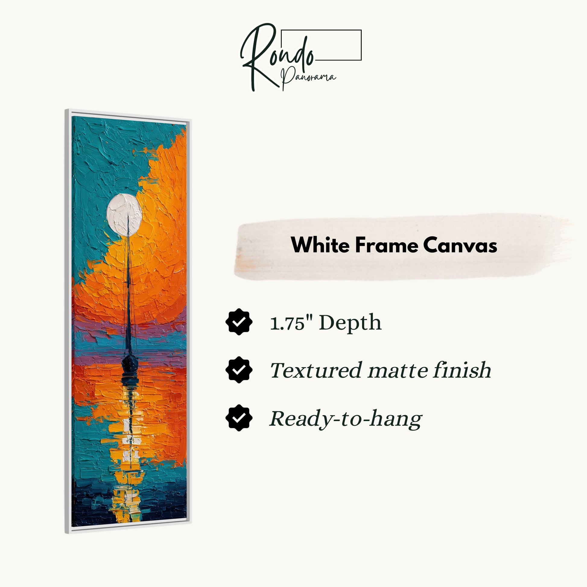 The image is a white frame canvas with a painting of a sunset on it.