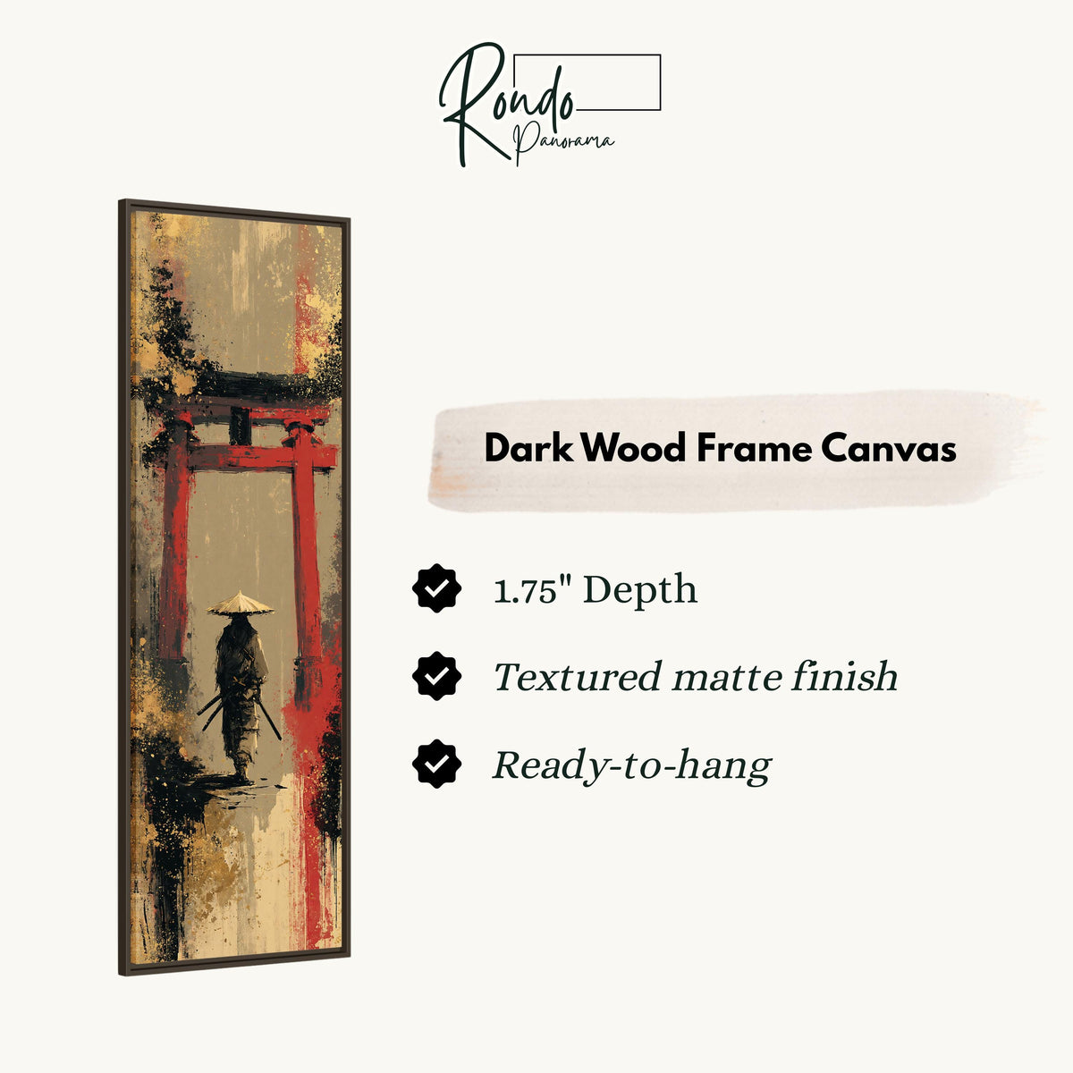 Samurai walking under a red torii gate canvas print in a dark wood floating frame