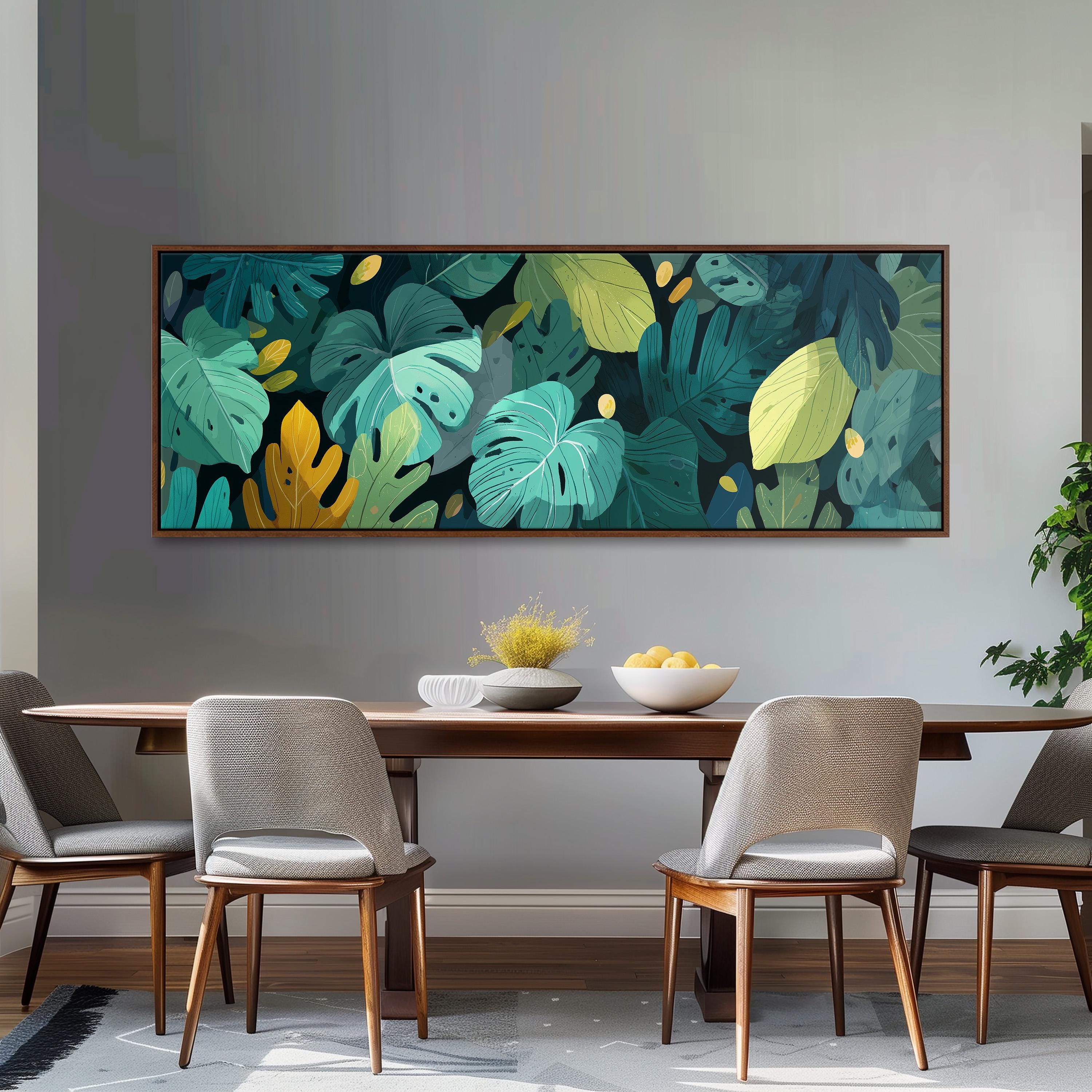 a dining room with a large, colorful painting of tropical leaves hanging on the wall above a wooden dining table with four chairs.